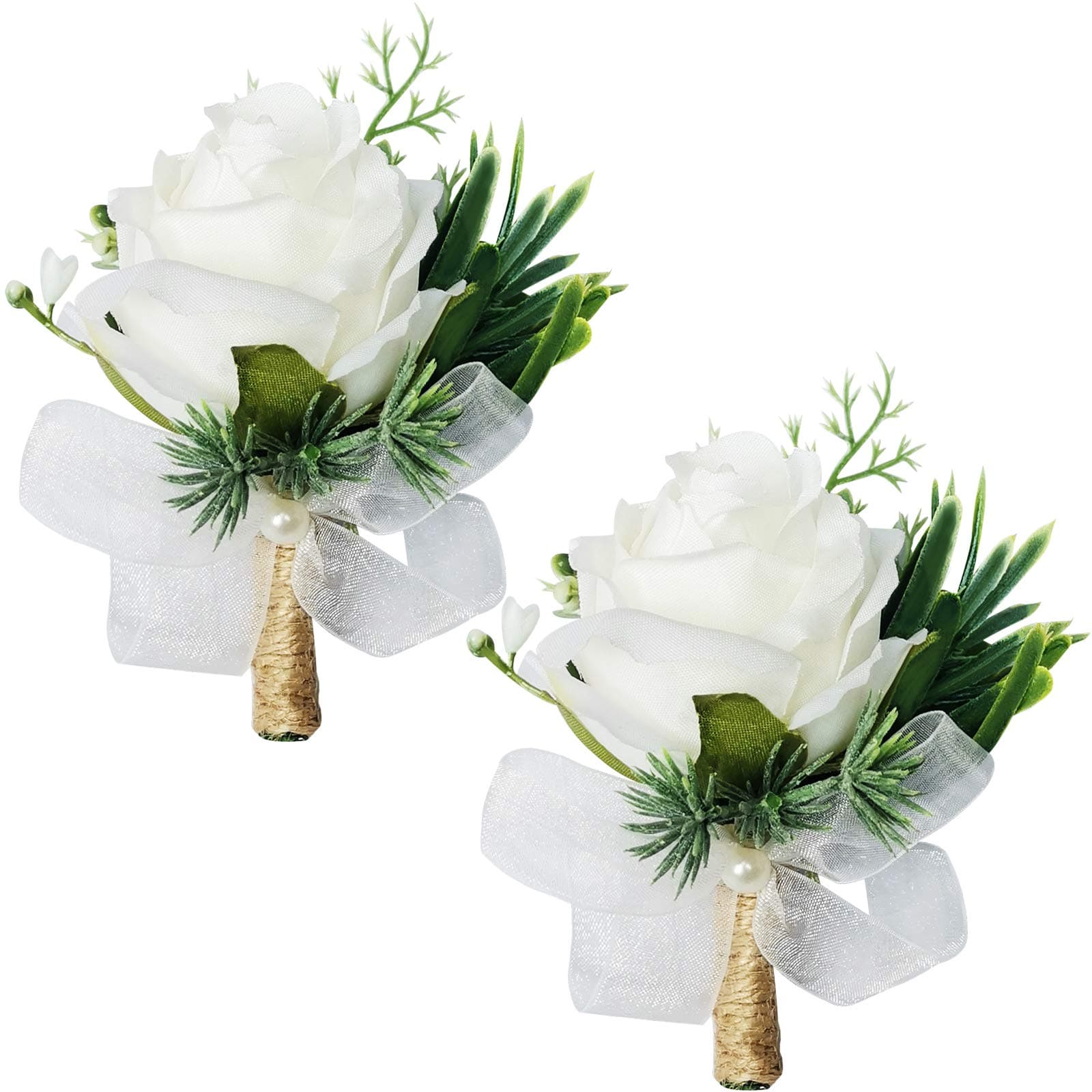 White Rose Wrist Flowers and Men's Corsage Wedding Flowers Ceremony,2Pcs Boutonniere Buttonholes and Wrist Corsage Wristband Roses Wrist Corsage (2pcs White Corsages)