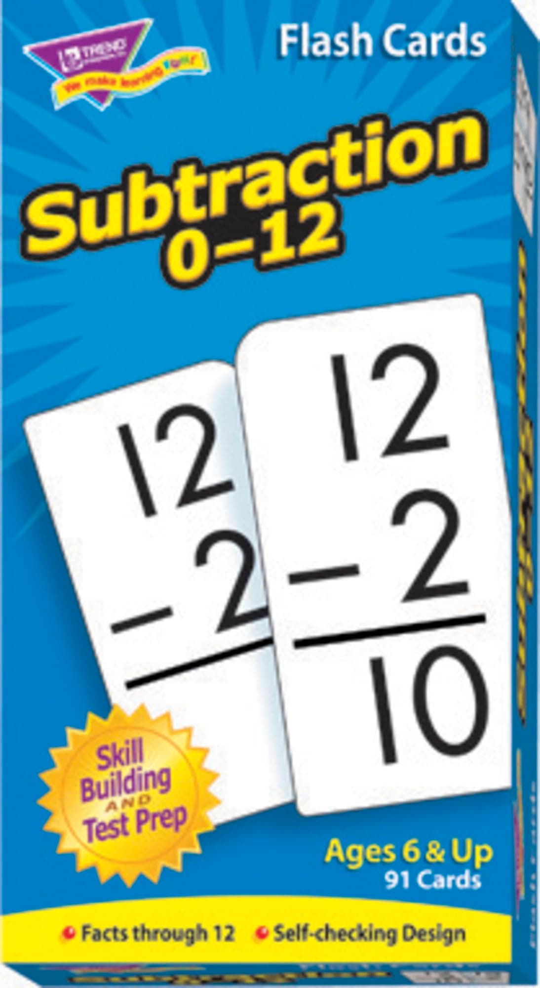 Trend Enterprises: Subtraction 0-12 Skill Drill Flash Cards, Great for Skill Building and Test Prep, Self-Checking Design, 91 Cards Included, for Ages 6 and Up