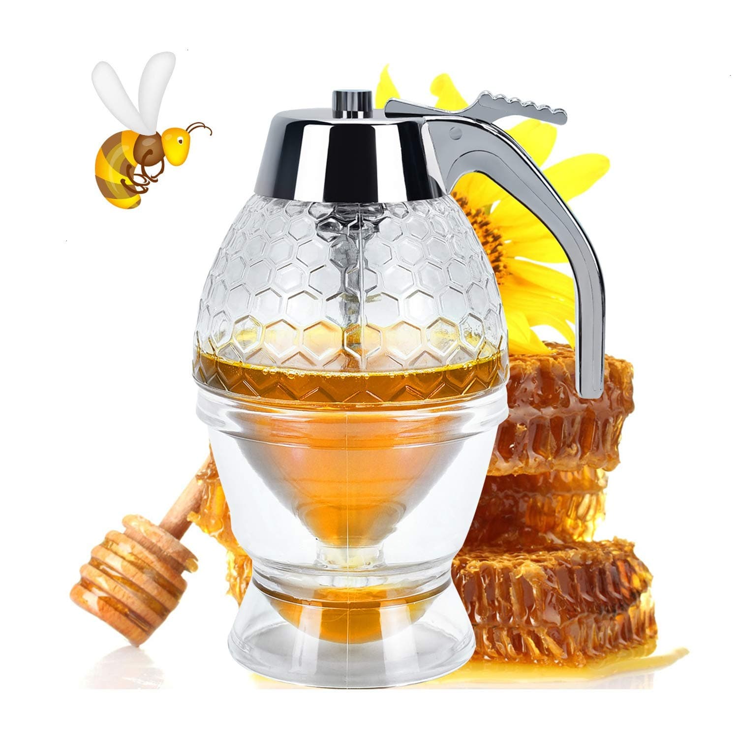 YoleShy Honey Dispenser No Drip Syrup Dispenser Container with Storage Stand and Stopper, 8 Ounce