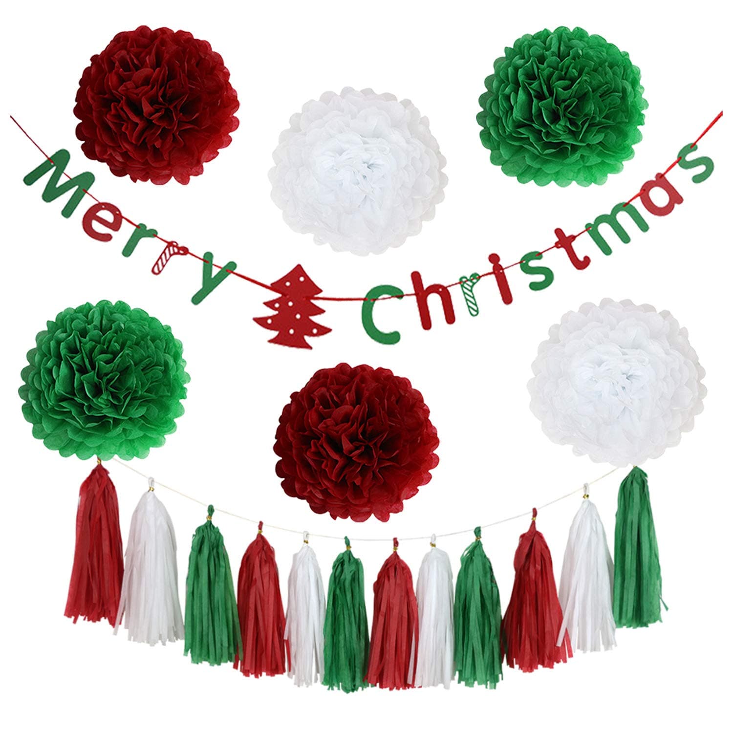 19pcs Christmas Paper Party Decorations for Party Indoor and Outdoor Include White Red Green Tissue Pom-poms Flowers Christmas Banner