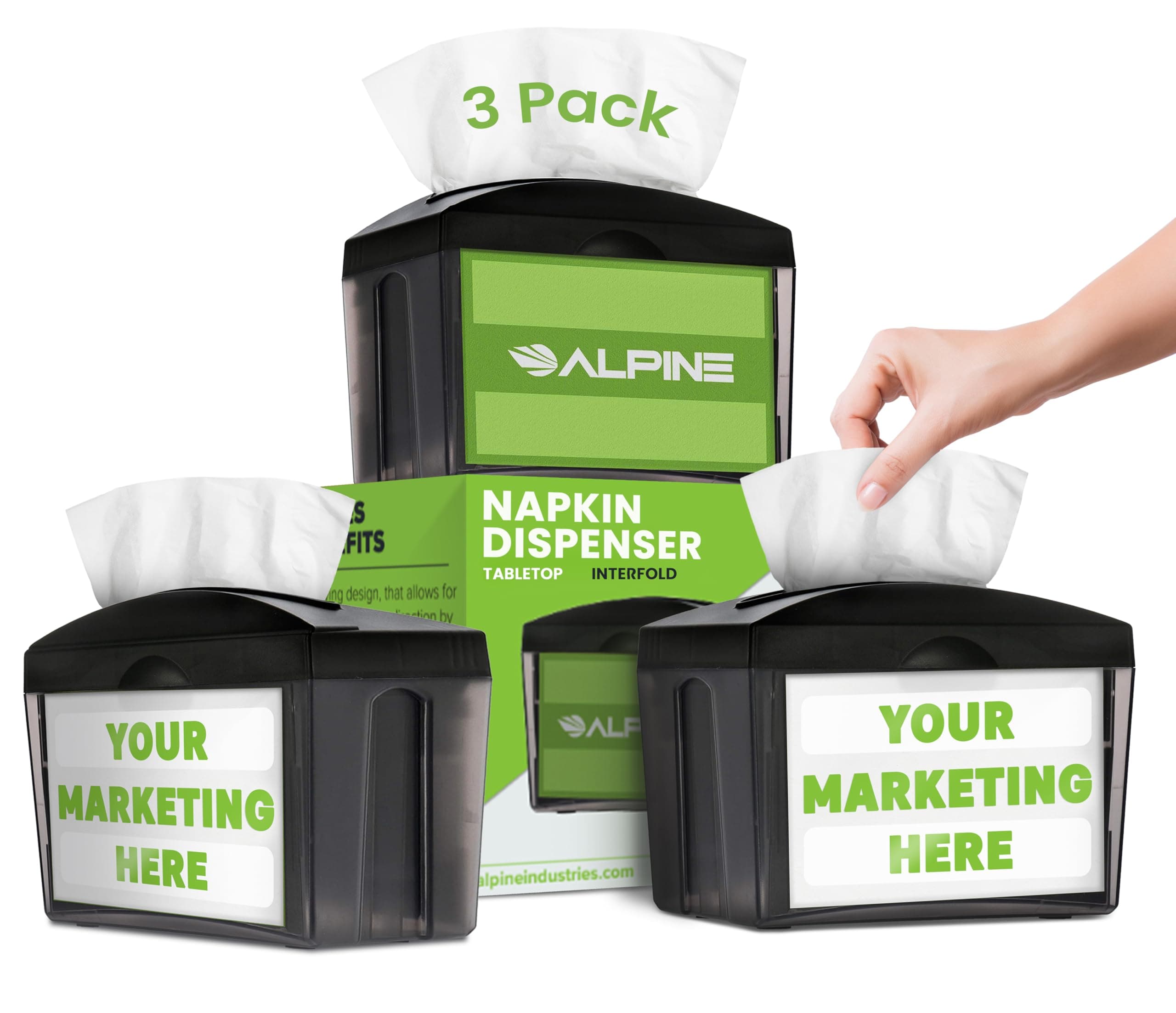 Alpine 3 Pack Tabletop Commercial Napkin Dispenser Restaurant Napkin Holder for Interfold Napkins with 2 Side Marketing Space Insert for Restaurants, Cafeterias, Food Trucks, Clubs - Black