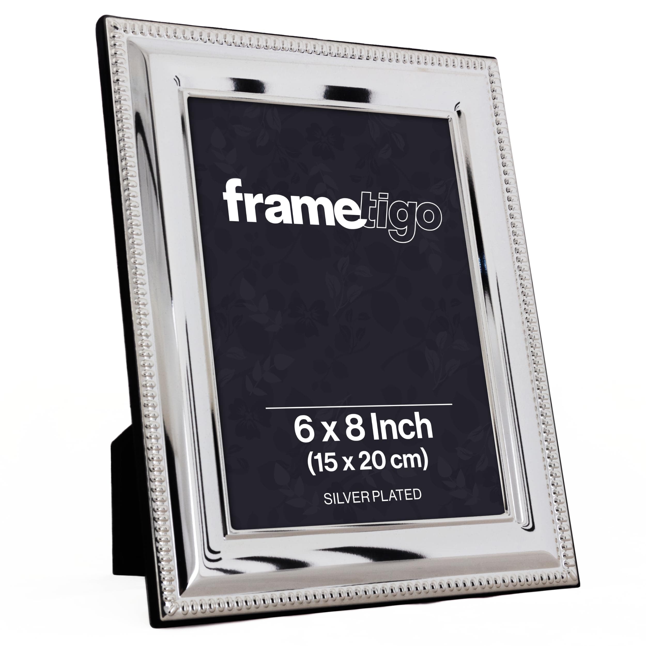 Silver Plated Bead Photo Frame, 6"x8" (15x20cm) Photo Size - Velvet Frame Backing & Stand - Real Glass Window - Tarnish Resistant - Landscape or Portrait Orientation