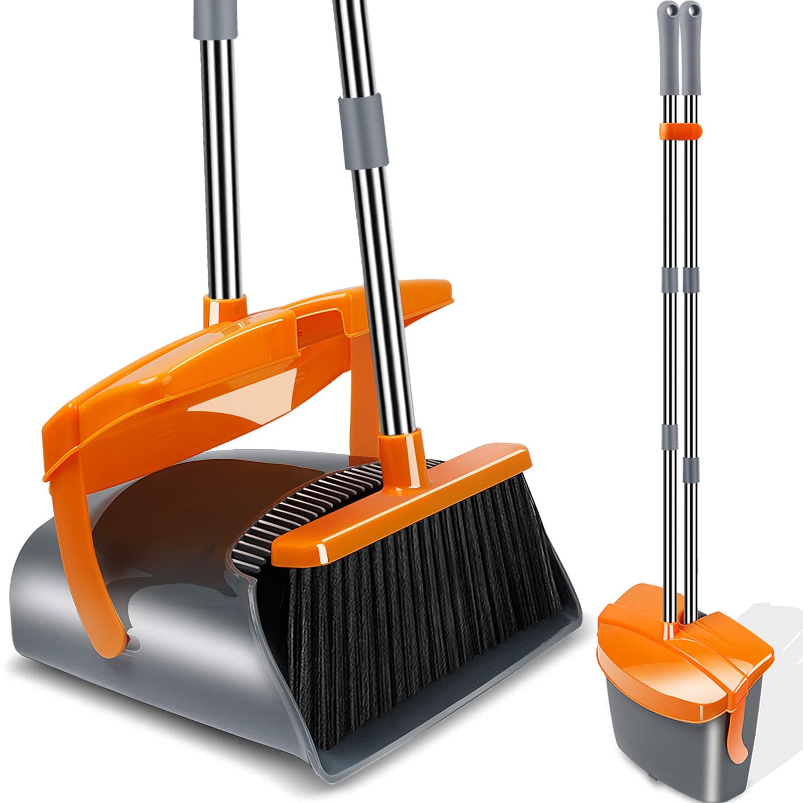 Kelamayi Broom and Dustpan Set Foldable Stainless Long Handle Commercial Dust Pan with Lid Broom Dustpan Combo Stand Dust Pan Sweep Set,Ideal for Pet Dog Hair Home Kitchen Office Cleaning,Grey&Orange