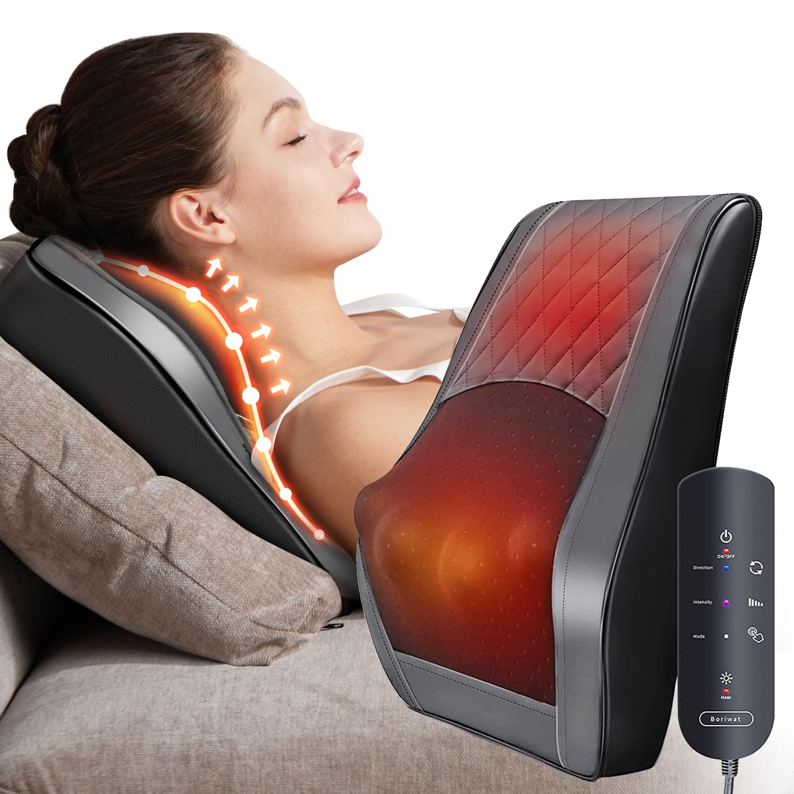 Boriwat Back and Neck Massager with Heat - 3D Kneading Massage Pillow for Neck, Shoulder, Leg Pain Relief - Gifts for Men, Women, Mom, Dad - Relax at Home, Office, Car - Dark Gray