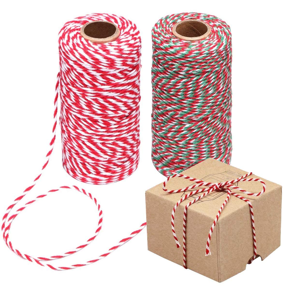 2 Rolls 200m/ 656 feet Red White Green Christmas Twine Cotton String, Perfect for Baking, Butchers, DIY Arts Crafts Wrapping