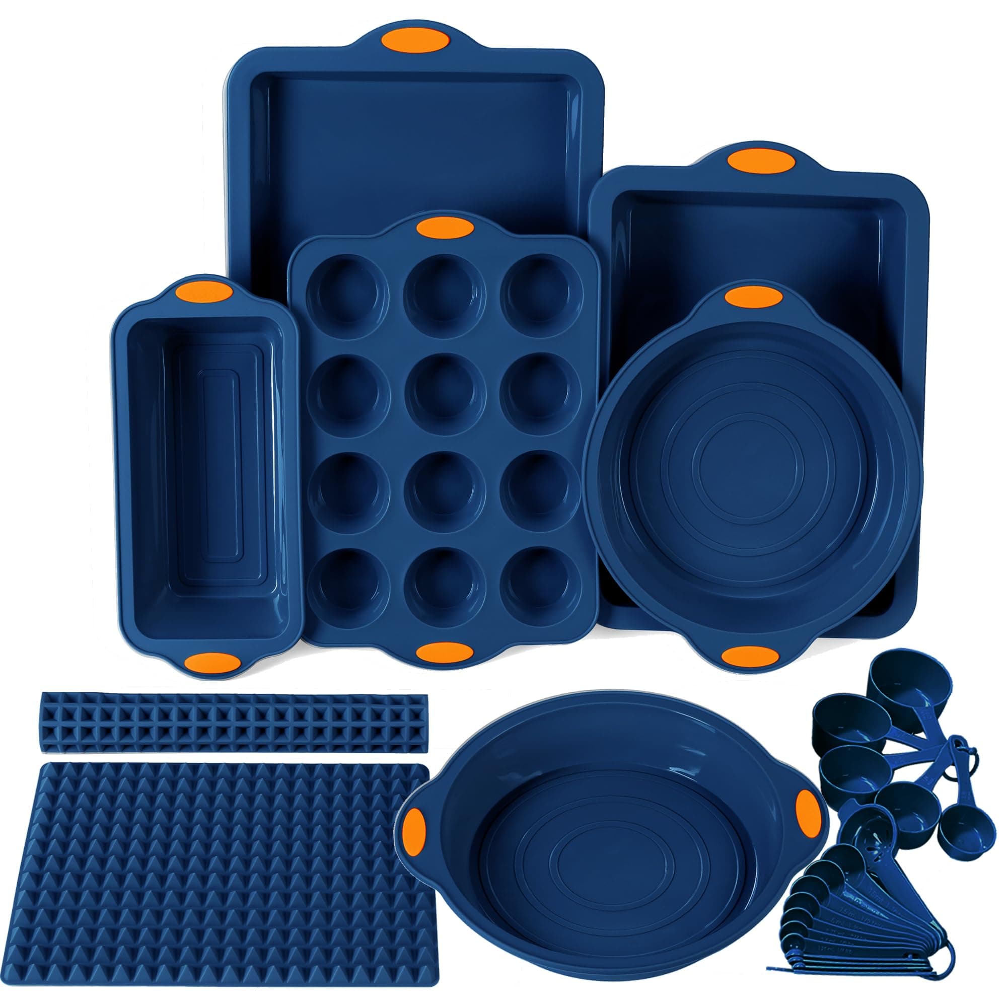 8 in 1 Silicone Baking Set - 6 Cake Molds - 2 Silicone Baking Mat, Nonstick Cookie Sheet, Cake Muffin Bread Pan with Grips and Metal Reinforced Frame More Strength, Navy Blue