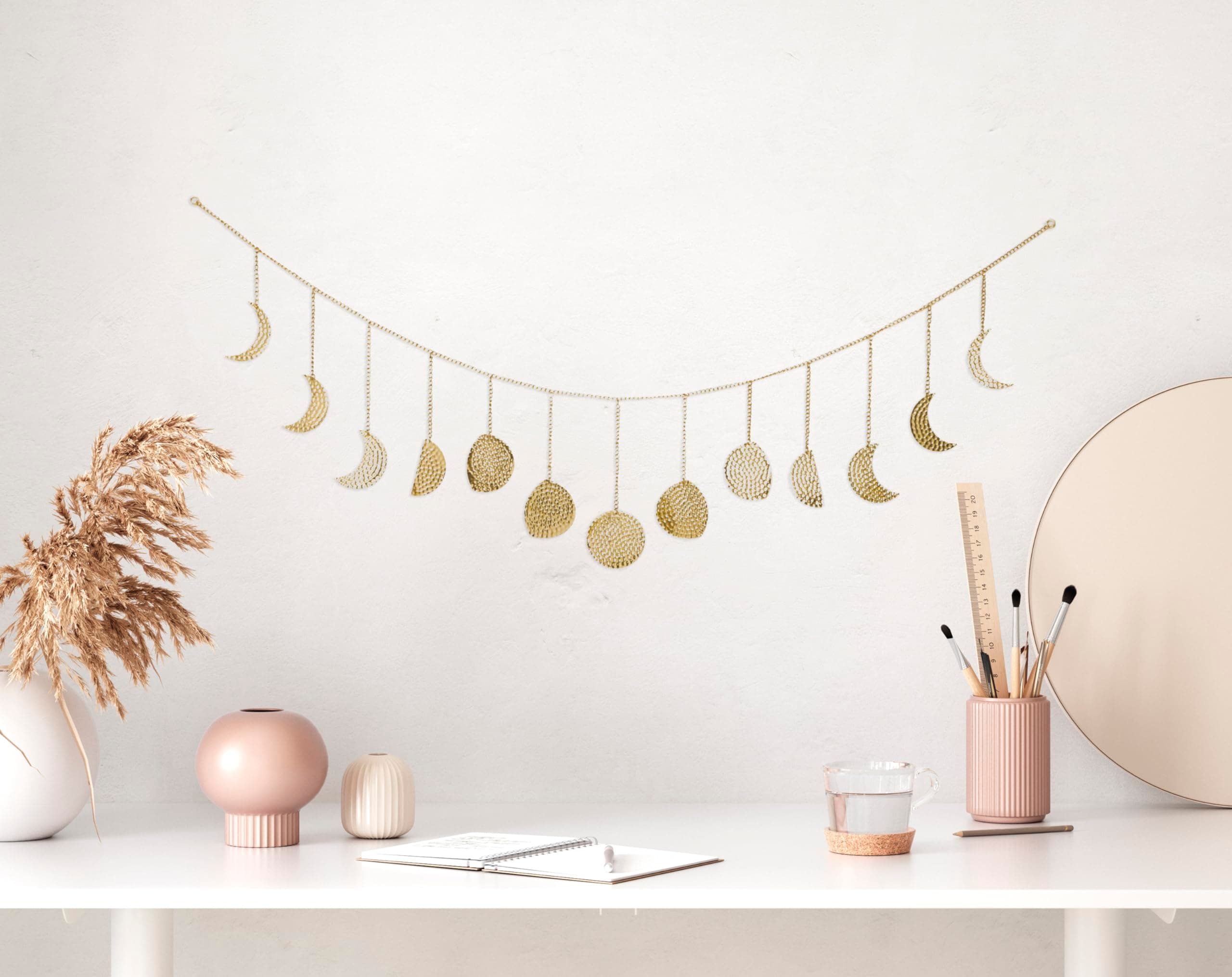 Vellax Moon Phase Wall Hanging Garland - 13 Gold Hammered Metal Boho Wall Decor Moon Garland 36'' - Celestial Phases Moon Decor in Bohemian Style - Moon Phases Wall Art for Home, Bedroom, Living Room