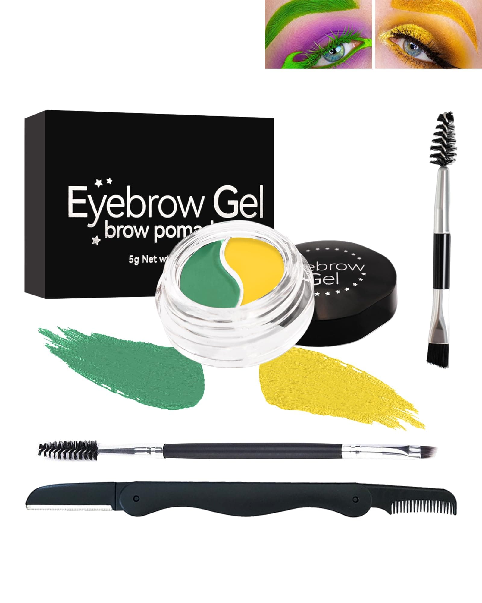 Eyebrow Gel Brow Pomade Set-2 in 1 Yellow Green Waterproof Tinted Brow Cream Glue & Eye liner Gel for Eye Makeup,Filling & Shaping Brow Filler with Brow Brush Razor,Brow Color for Cosplay Stage Use-#09