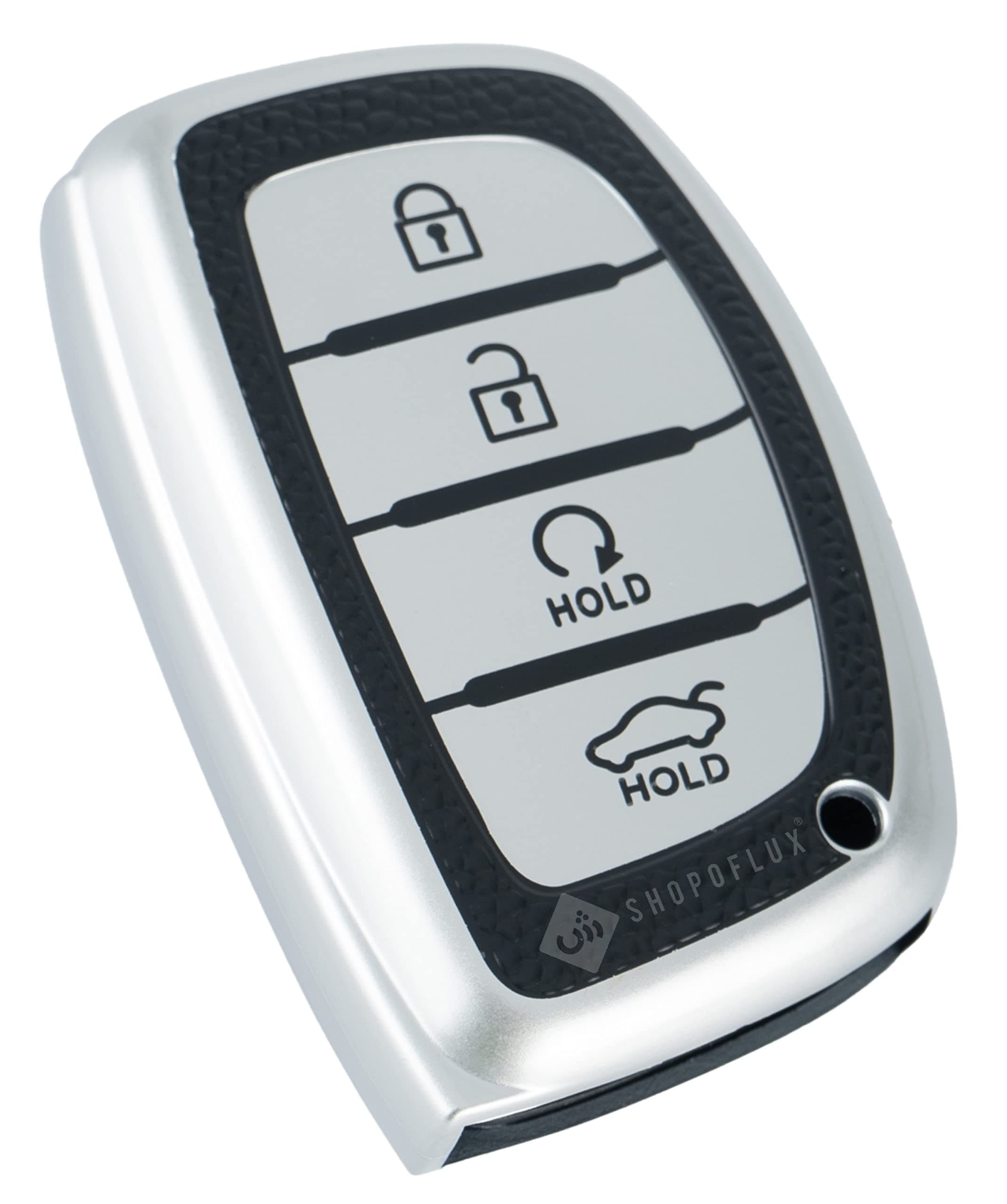 SHOPOFLUX TPU Leather Key Cover Compatible with Hyundai Alcazar and Creta Car 4 Button Smart Key (Black Silver)