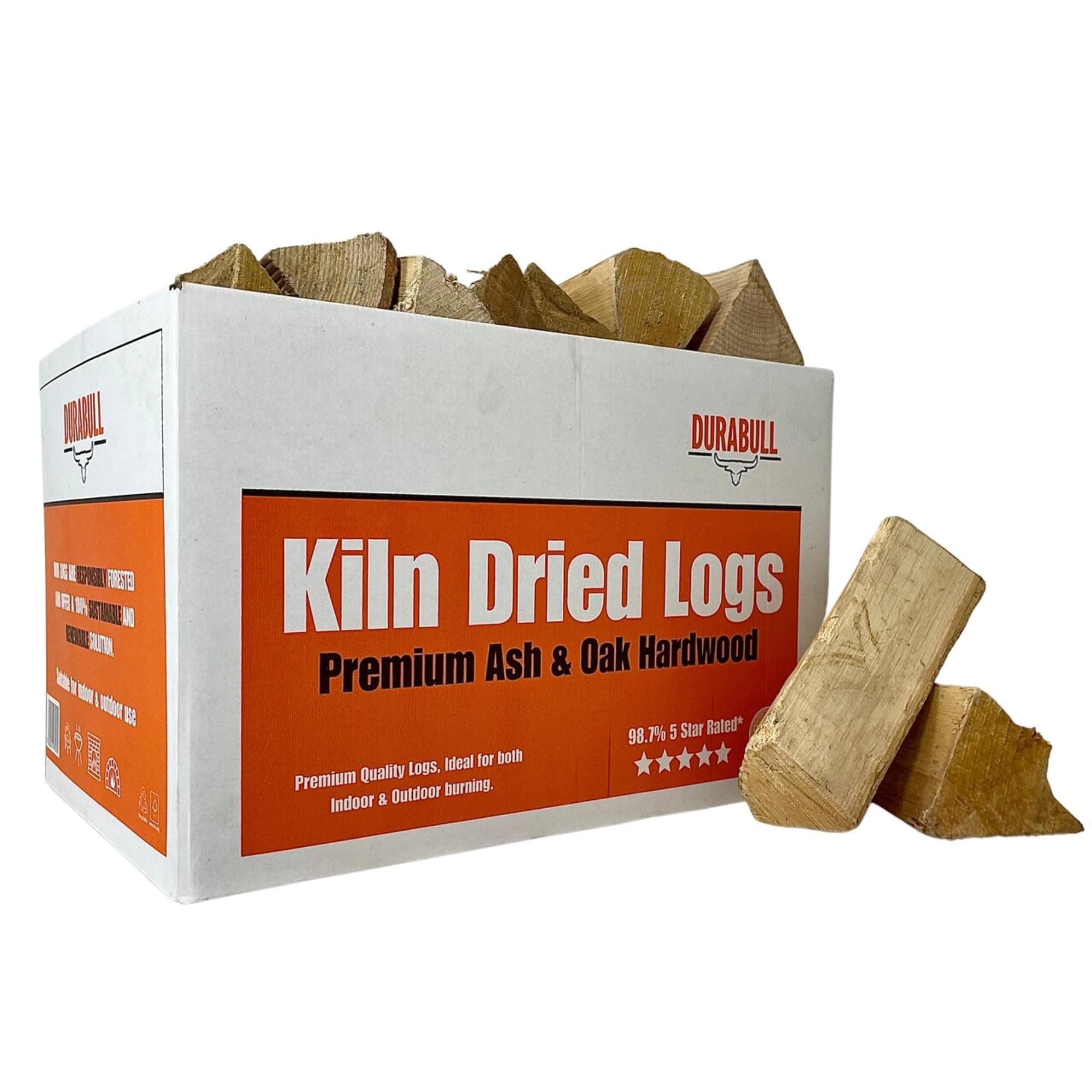 DURABULL HARDWOOD LOGS-15kg/32 litres Premium Kiln Dried OAK & ASH Logs for Wood Burners, Home Fires & Fire Pits. Hot, Long Burning, Sustainable, Ethical Fire Wood in Recycled Boxes
