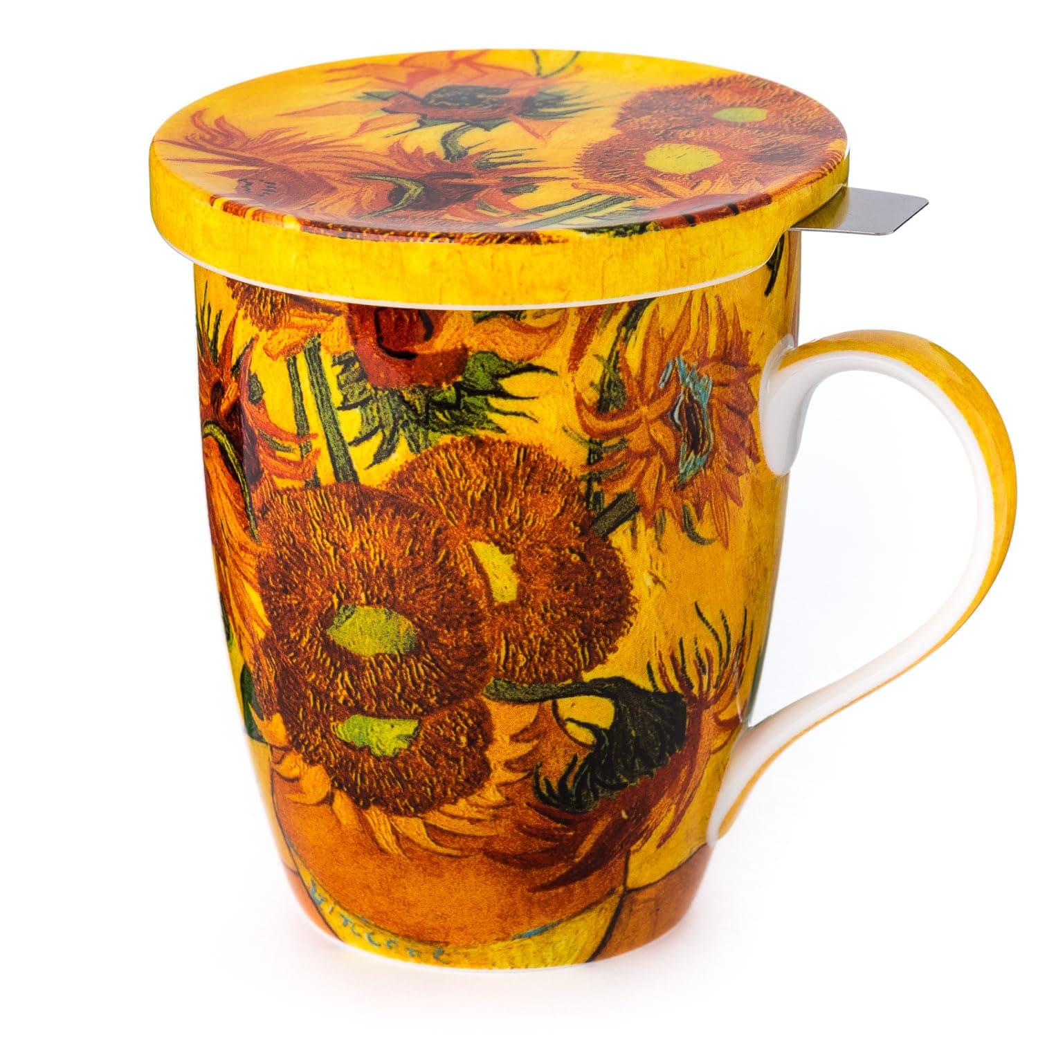 McIntosh Mugs Van Gogh Sunflowers Fine Bone ChinaTea Mug with Lid and Infuser (15 oz)