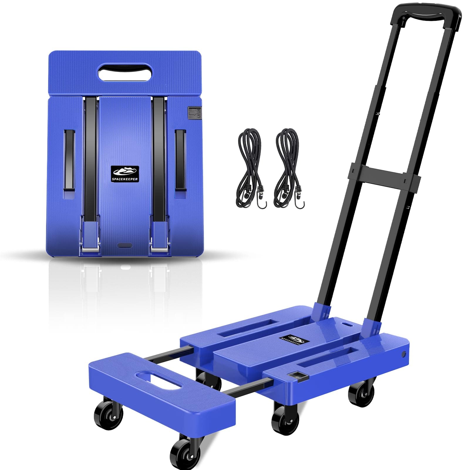 Folding Hand Truck, 500 LB Capacity Luggage Cart, Portable Folding Dolly with 6 Wheels and 2 Elastic Ropes for Luggage, Personal, Travel, Auto, Moving and Office Use, Blue