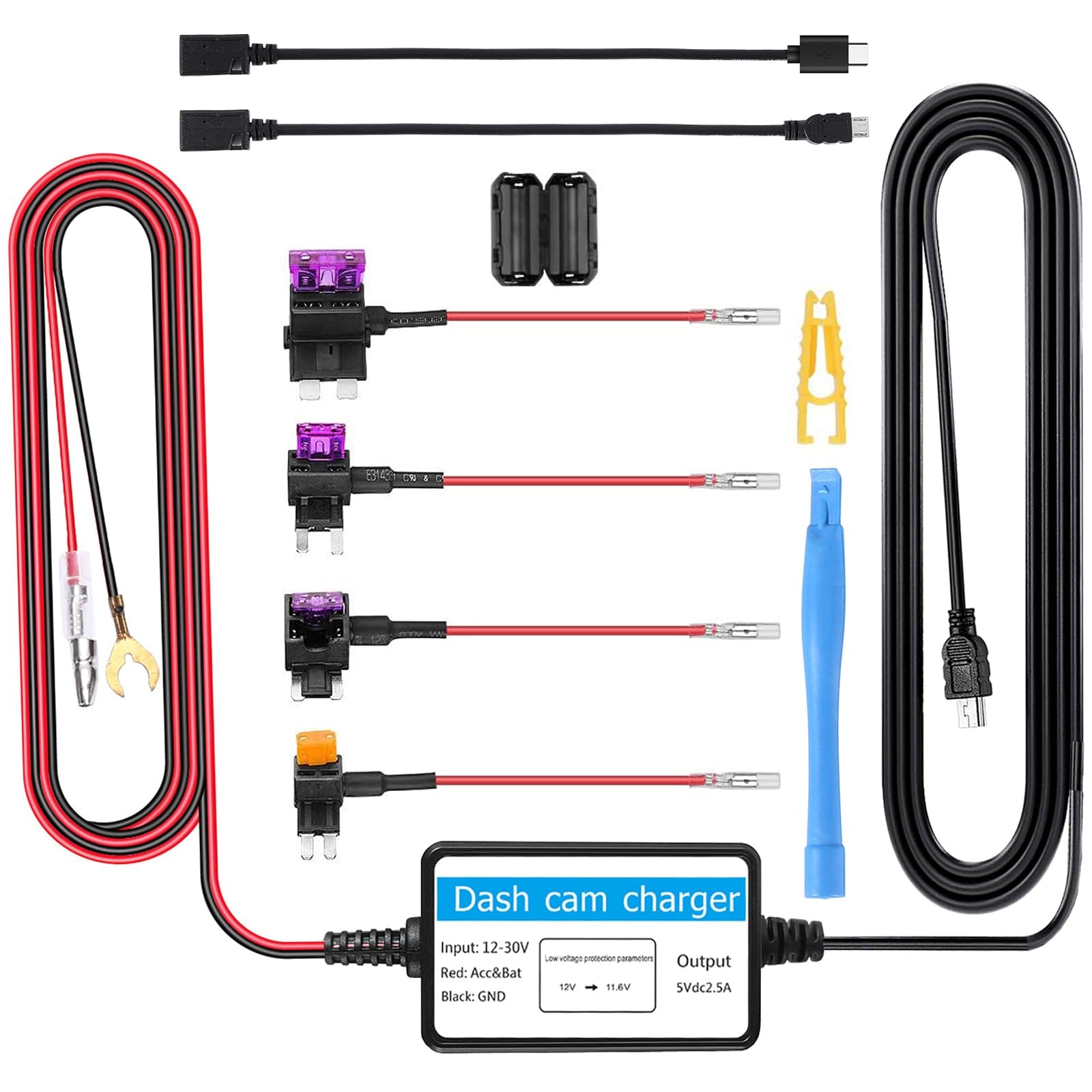 Dash Cam Hardwire Kit, Mini/Micro/Type-c USB Hard Wire Kit 12-24V to 5V Hardwire Kit with Low Voltage Protection Car Dashcamera Power Cord for Dashcam GPS Power Supply Radar Detectors and More(11ft)