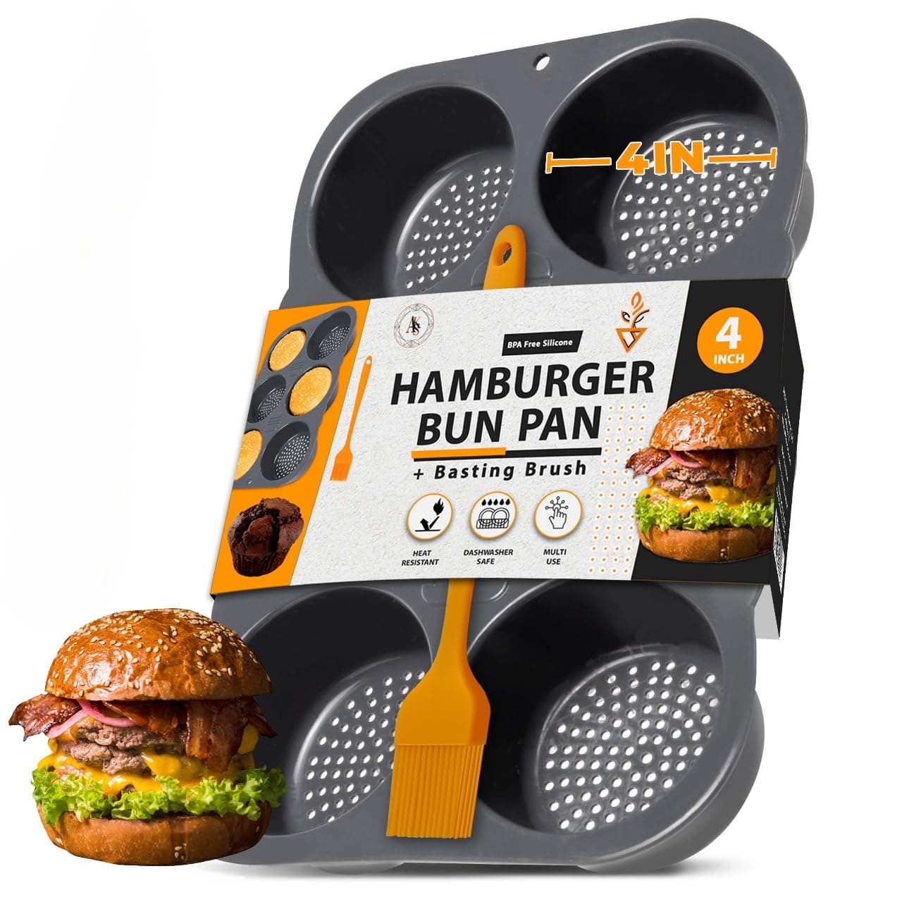 Hamburger Bun Pan, Non-Stick Silicone - Oven-Safe, Vented 6-Cavity Baking Mold, Dishwasher Safe with Basting Brush