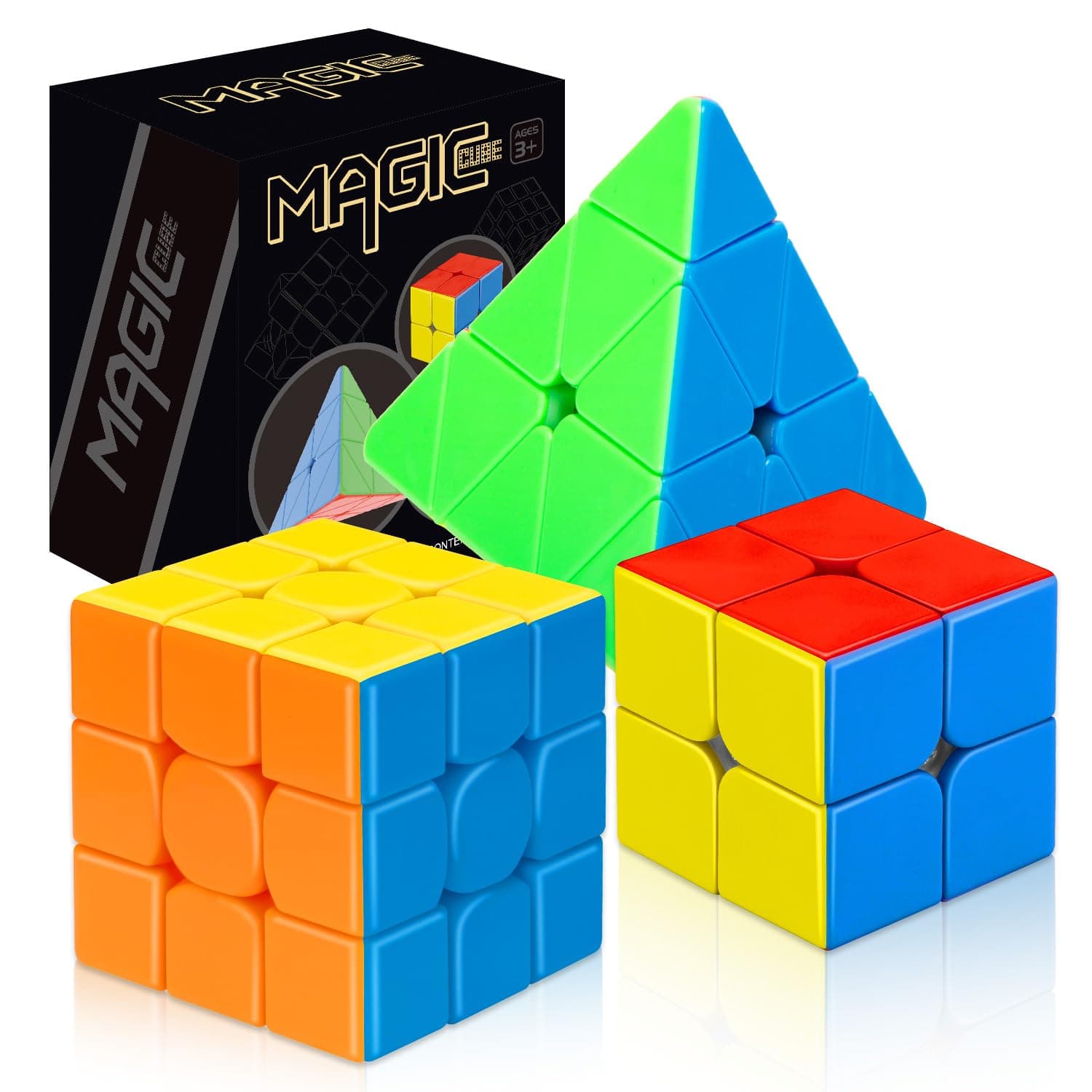 STEAM Life Speed Cube Set 3 Pack - Magic Cube Set with 3x3 & 2x2 Speed Cubes, Pyramid Cube - Smoothly Collection for Kids, Teens & Adults