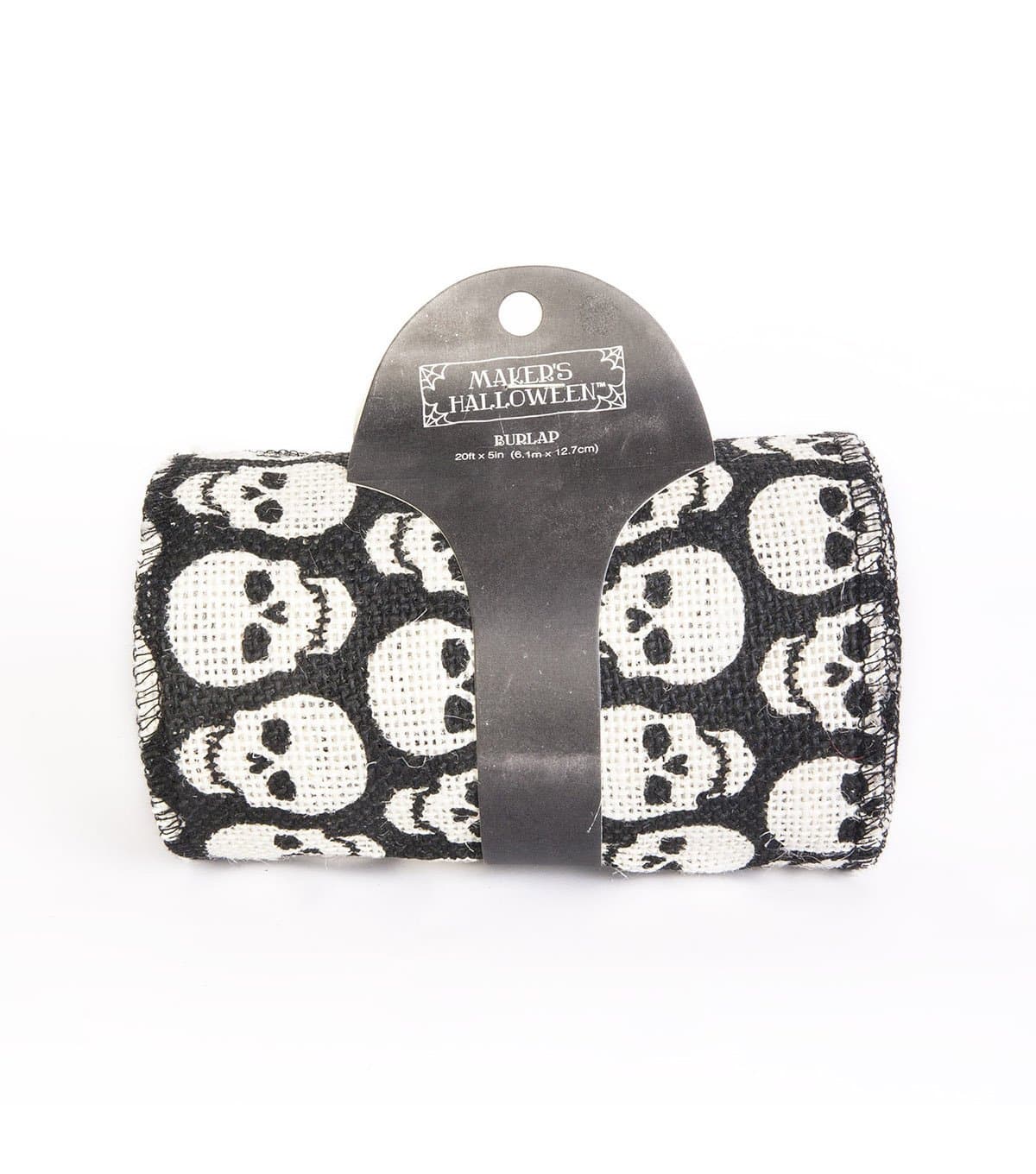 Maker's Halloween Burlap Ribbon 5''x 20'-White Skull Print on Black
