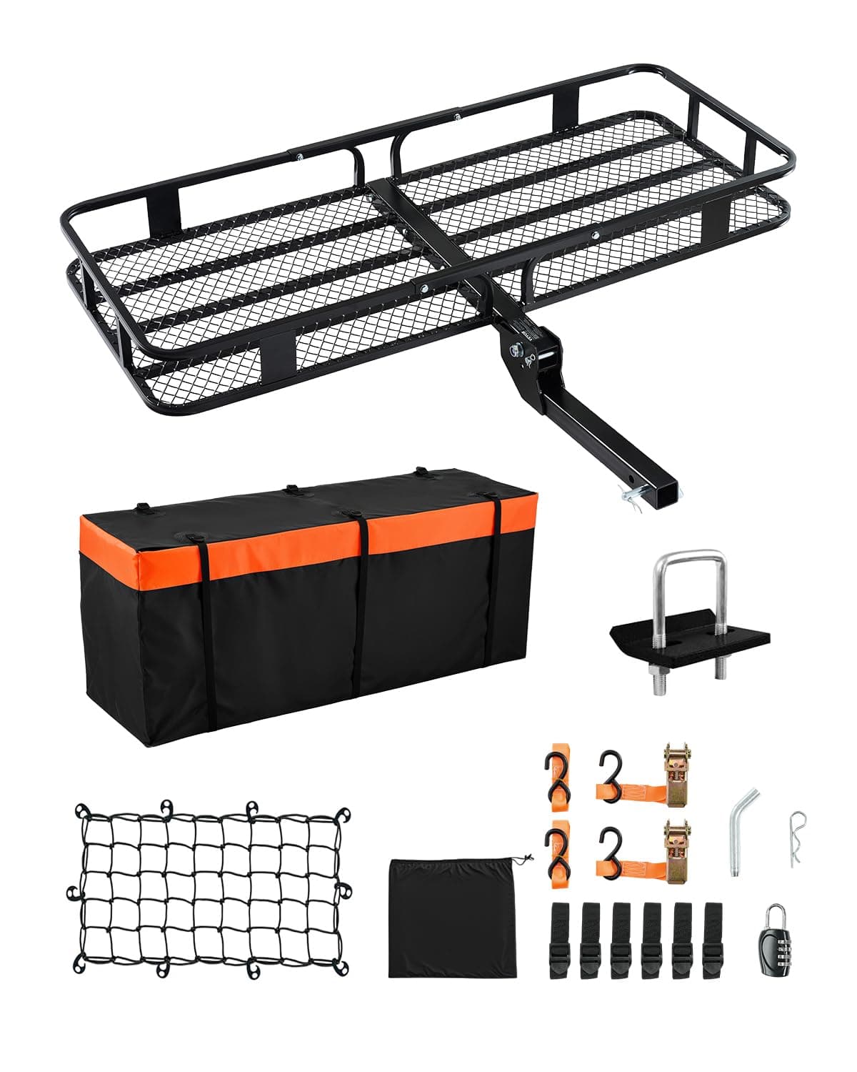 VEVOR 60x24x6 Folding Hitch Carrier - 500lb Capacity Cargo Basket & Waterproof Bag, Fits 2" Hitch Receiver for SUV, Truck, Pickup