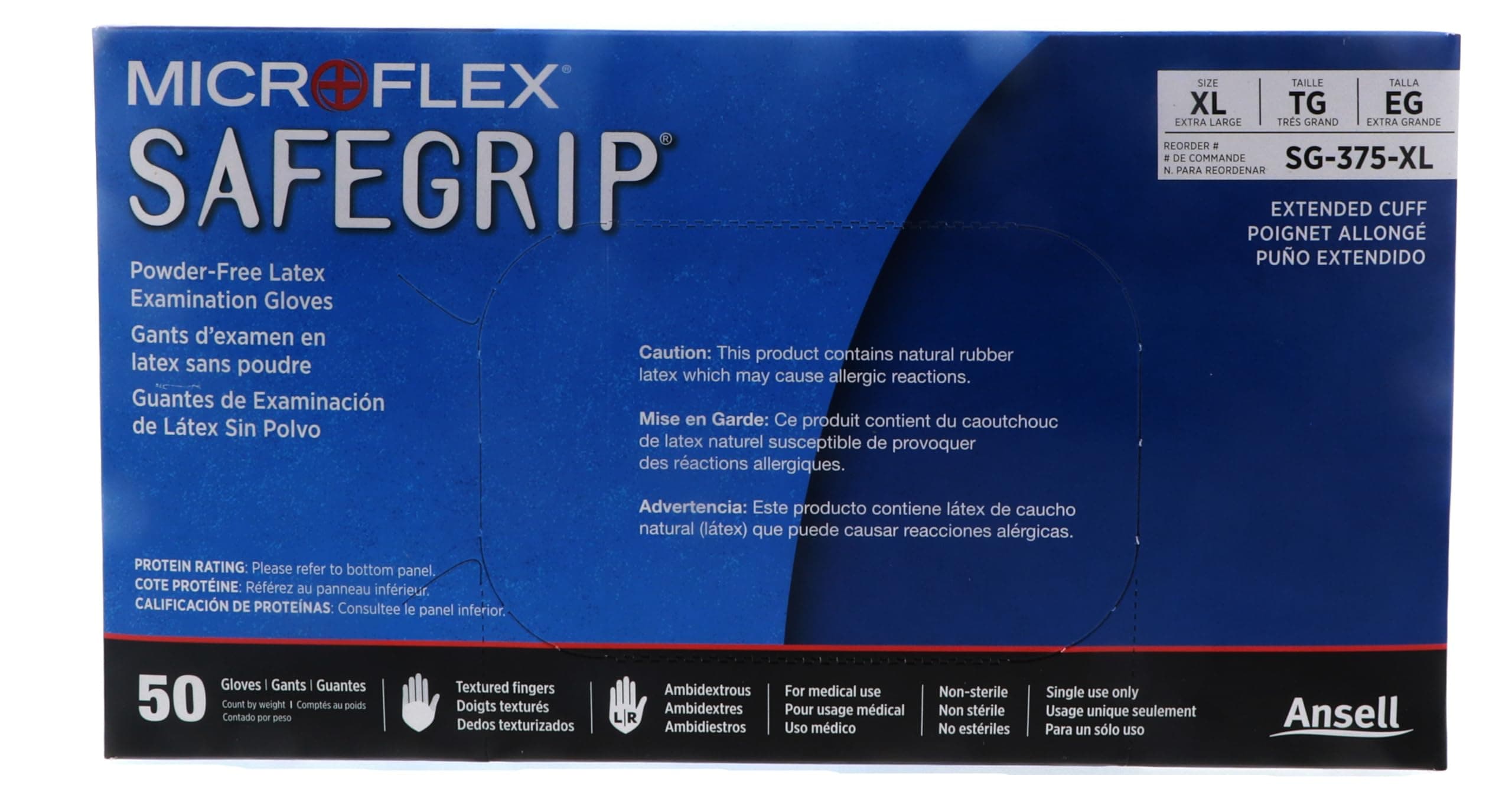 Microflex SG-375-XL Safegrip Exam Gloves, PF Latex, Textured, Extended Cuff, Blue, XL, 50 per Box, 10 Box per Case (Pack of 500)