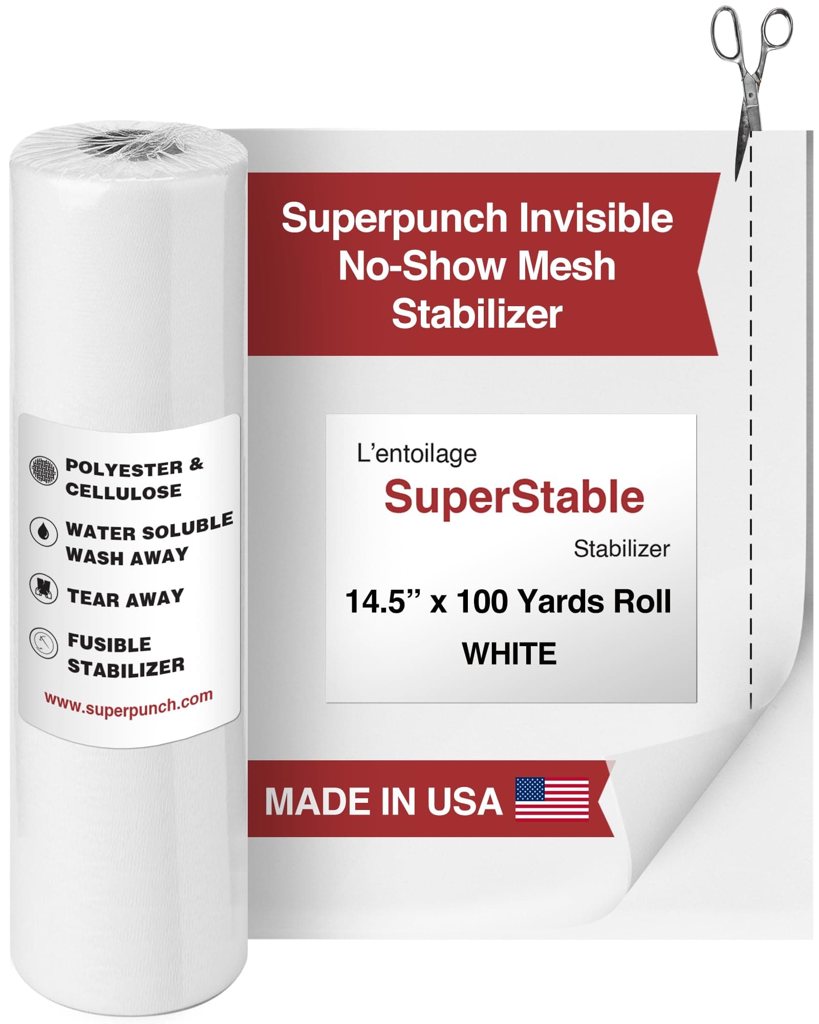 Superpunch Invisible No-Show Mesh Stabilizer, 1.5 oz Cutaway for Embroidery Machines-14.5inch x 100Yard Roll, SuperStable Lightweight Cut Away Machine Stabilizers Backing, Made in USA (White)