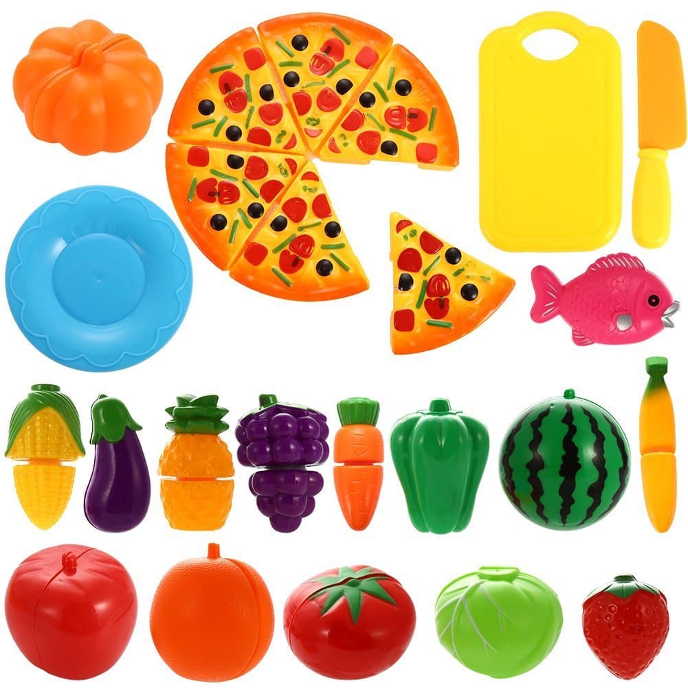 NIWWIN 24 PCS Play Food Set Age 3+ for Kids Plastic Cutting Pizza Fruits and Vegetables Pretend Play Set