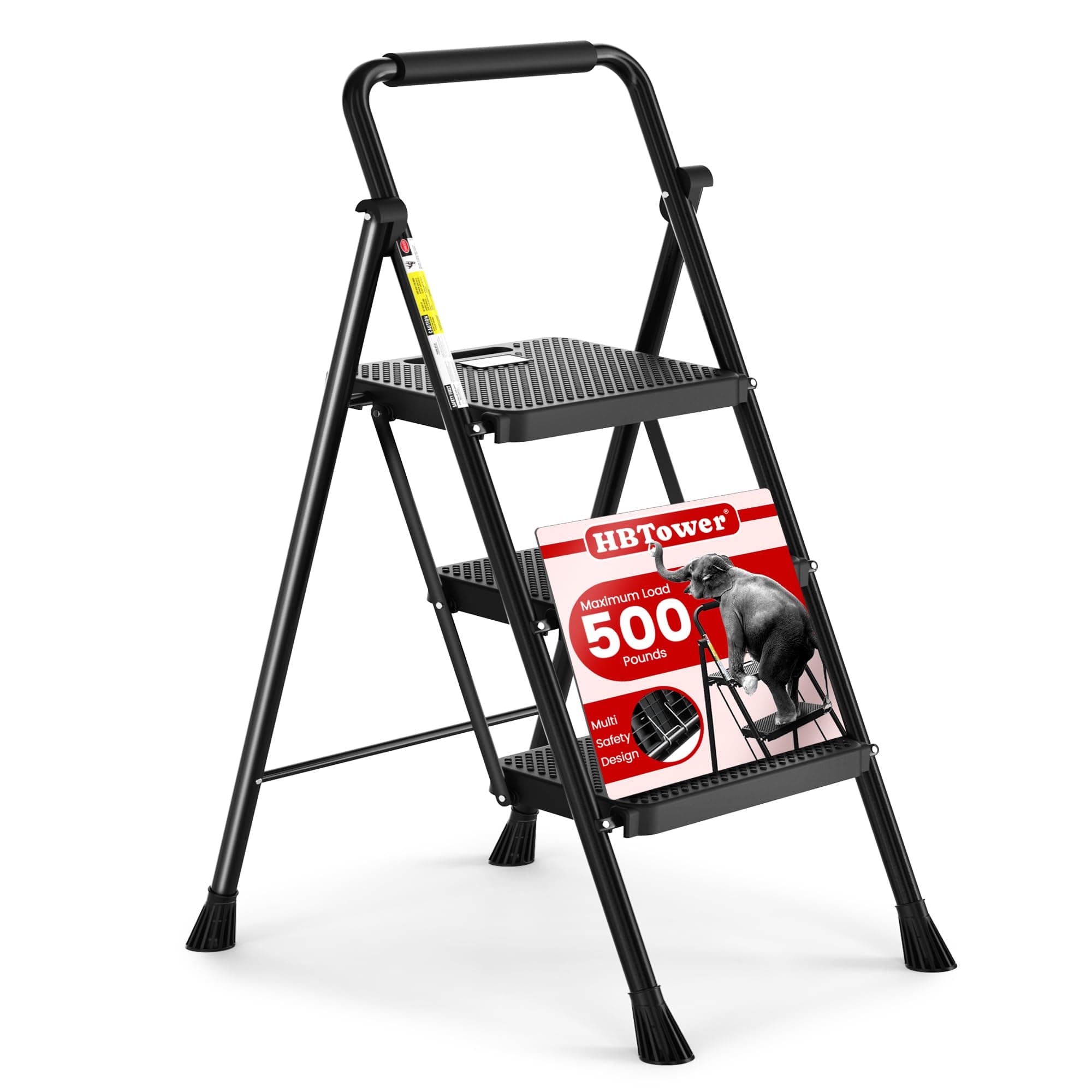 HBTower 3 Step Ladder, Folding Step Stool with Wide Non-Slip Pedal, Sturdy Steel Ladder, Comfortable Handle, Lightweight, Portable Steel Step Stool, Black