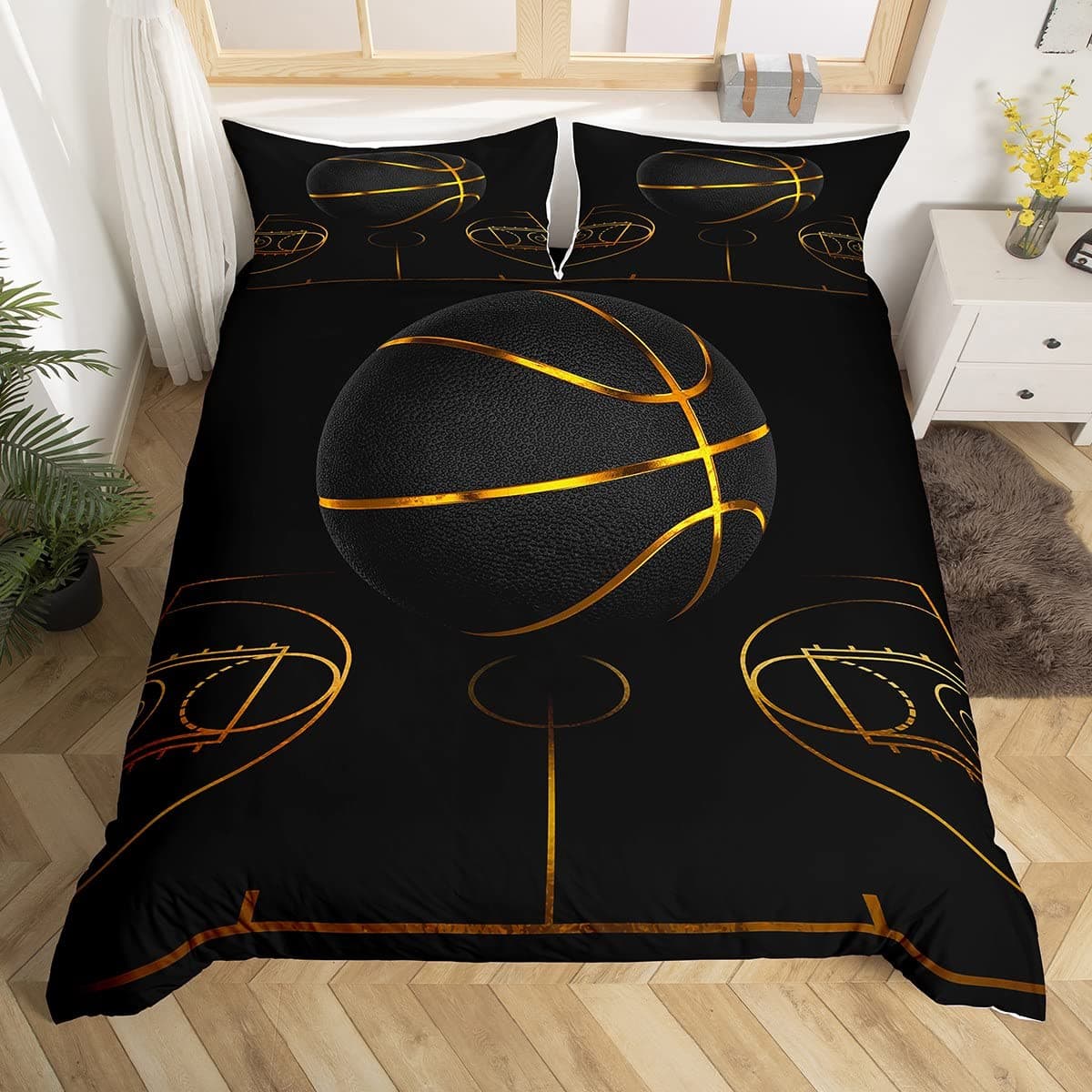 Kids Basketball Bedding Set Sport Basketball Arena Duvet Cover for Boys Girls Bedroom Golden Black Ball Games Decor Comforter Cover Set Luxury Modern Bedspread Cover Single With 1 Pillow Case