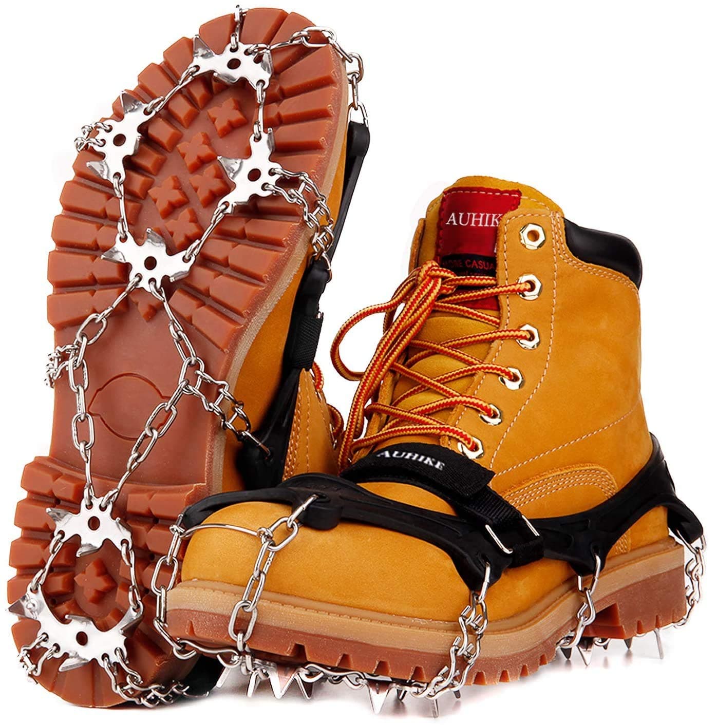 AUHIKE Ice Cleats Crampons Traction Snow Grips for Boots Shoes Women Men Kids Anti Slip 19 Stainless Steel Spikes Safe Protect for Hiking Fishing Walking Jogging Mountaineering