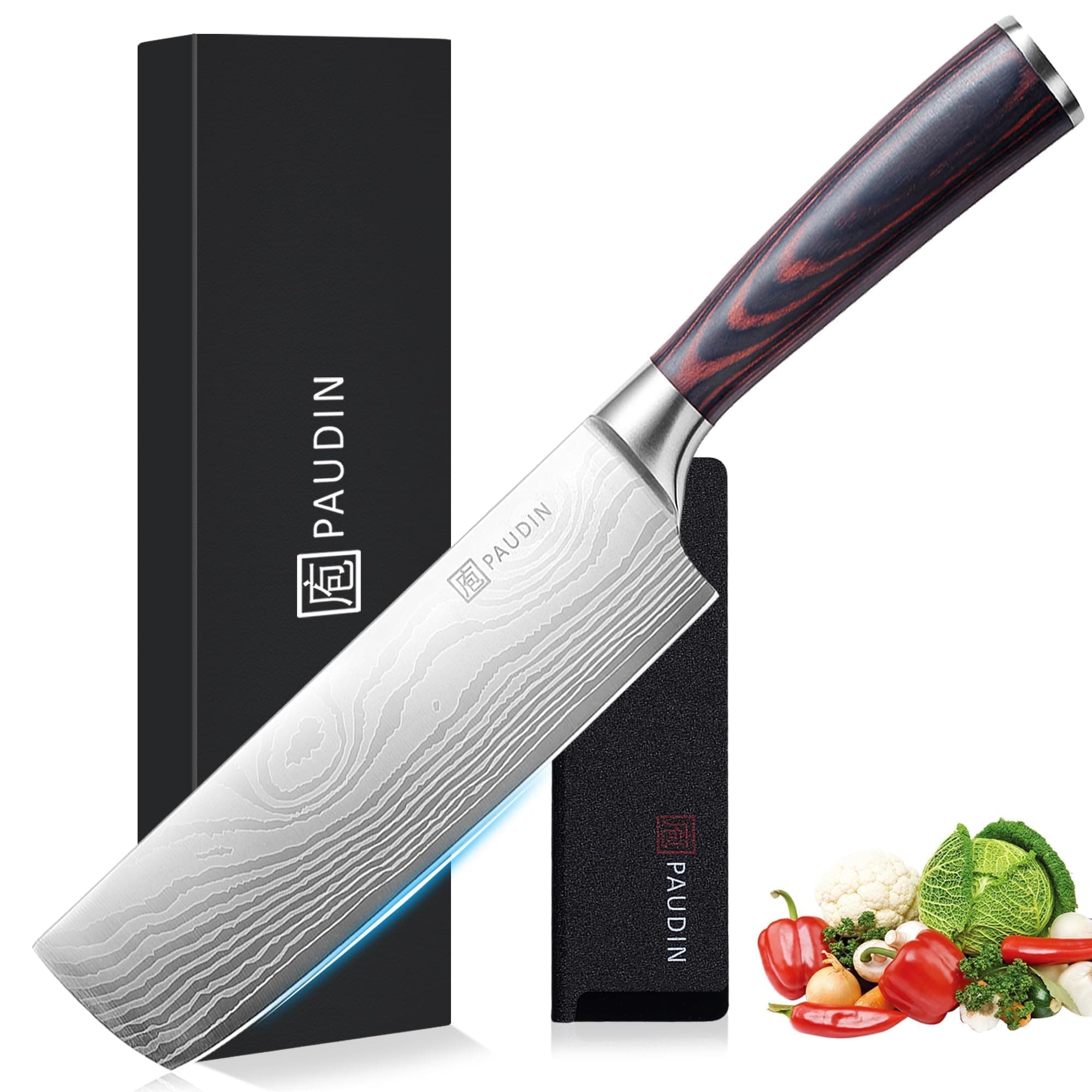 PAUDIN Nakiri Knife, 7 Inch Japanese High Carbon Stainless Steel Meat Vegetable Kitchen Knife, Multipurpose Ultra Sharp Chef Knife with Ergonomic Handle