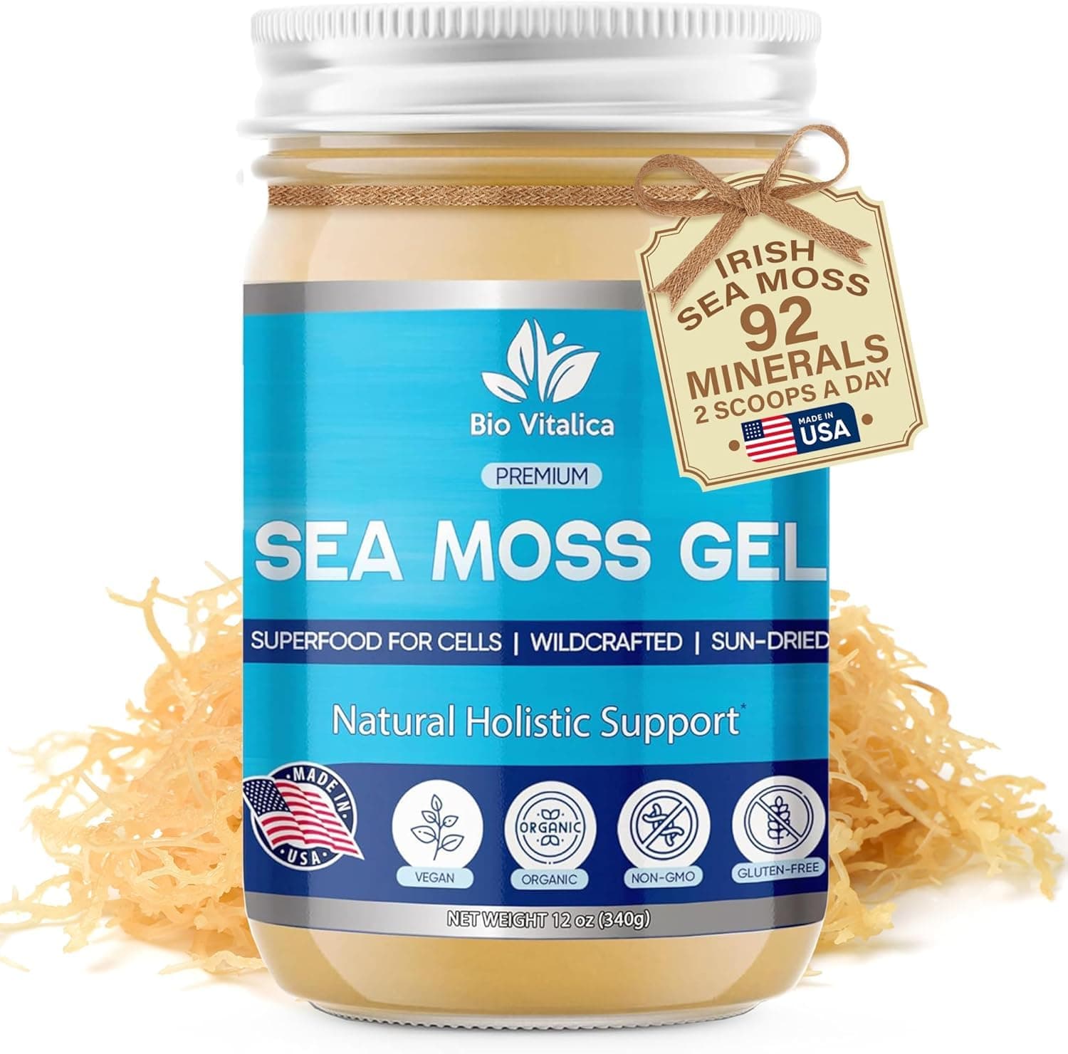 Sea Moss Gel by BioVitalica - Irish sea Moss raw Organic - Premium Quality - Dr Sebi, Vegan superfood for Cells - 100% Natural Seamoss Gel - (Pack of 1, Original)