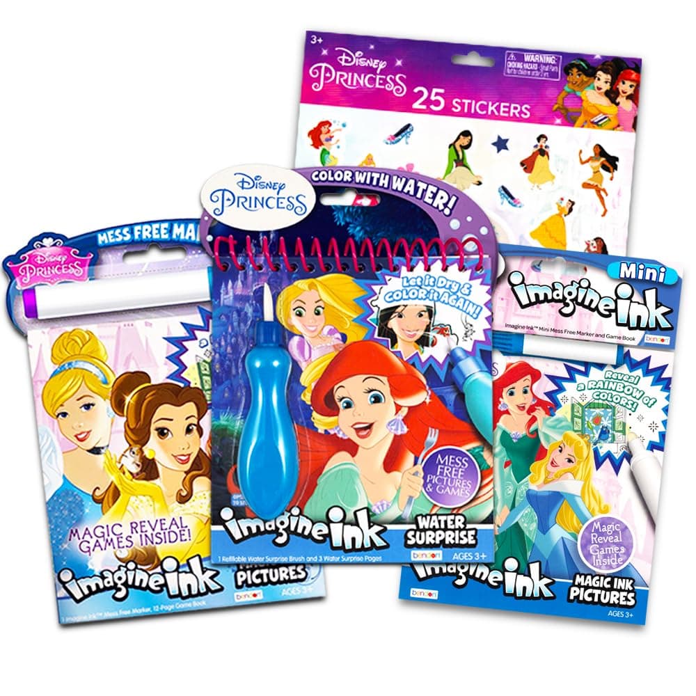 Princess Imagine Ink Activity Book Set -- 3 Magic Disney Princess Coloring Books for Girls Kids Toddlers with Invisible Ink Pens, Stickers, Games, Puzzles, Mazes and More