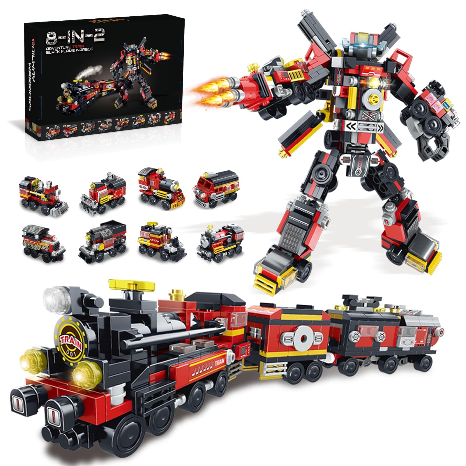 Transforming Building Block Toys for Boys Girls Aged 6-12.Steam Train or 8 Locomotive Models or Warrior Robot.Wheeled Train Toys.8in2 Construction Toys.Idea Gifts for Kids(766P)