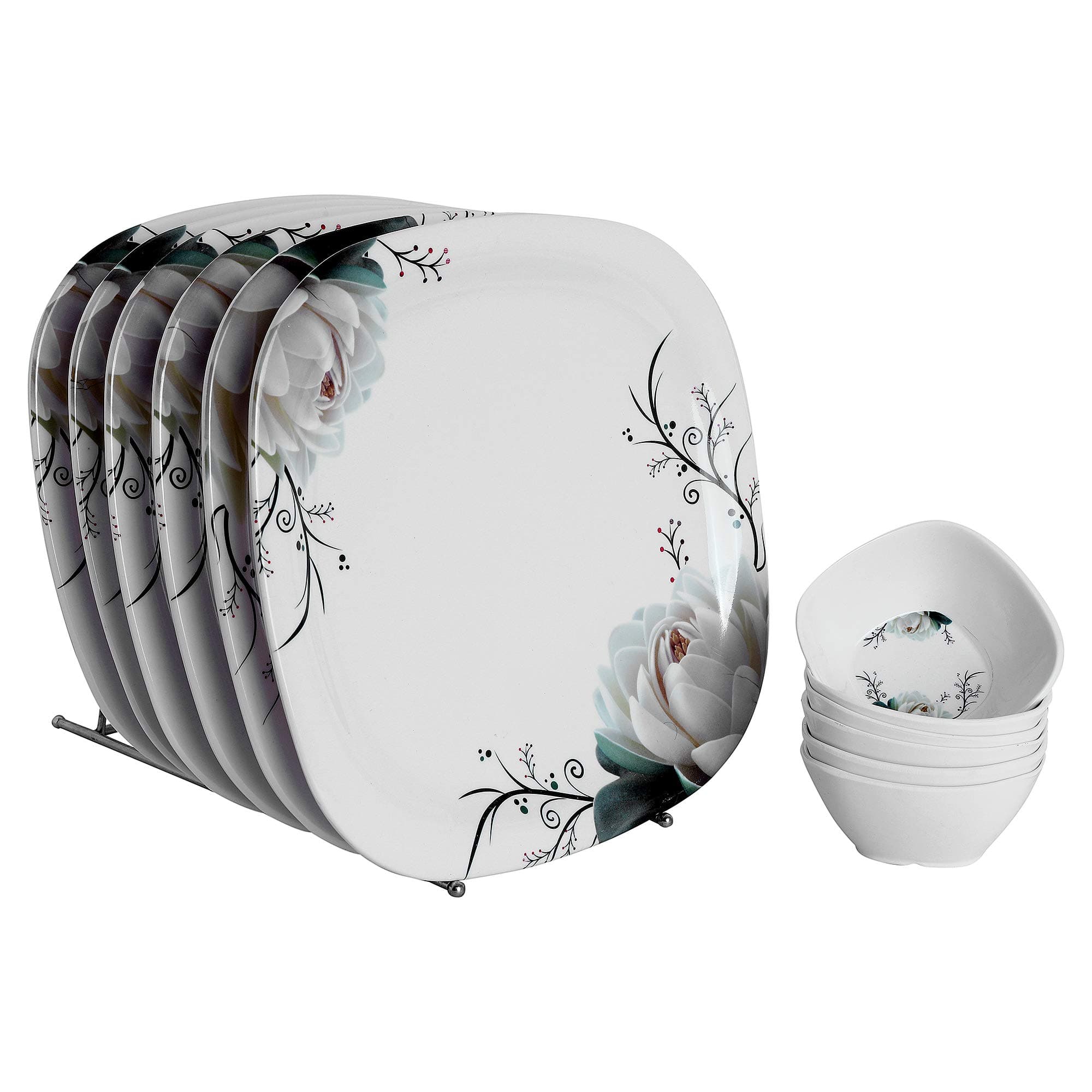 Golden Fish Square Floral Print Full Dinner Plates (Set of 6 Plates & 6 Bowls)