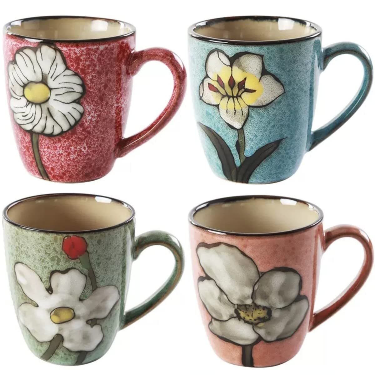 Ceramics 12oz Cappuccino Mug,Coffee mugs,Tea mugs,Kiln Glazing Process,Microwave and Dishwasher Safe, Perfect For Tea, Espresso, Latte - Porcelain Mugs for Kitchen or Cafe (Red+Blue+Green+Pink)