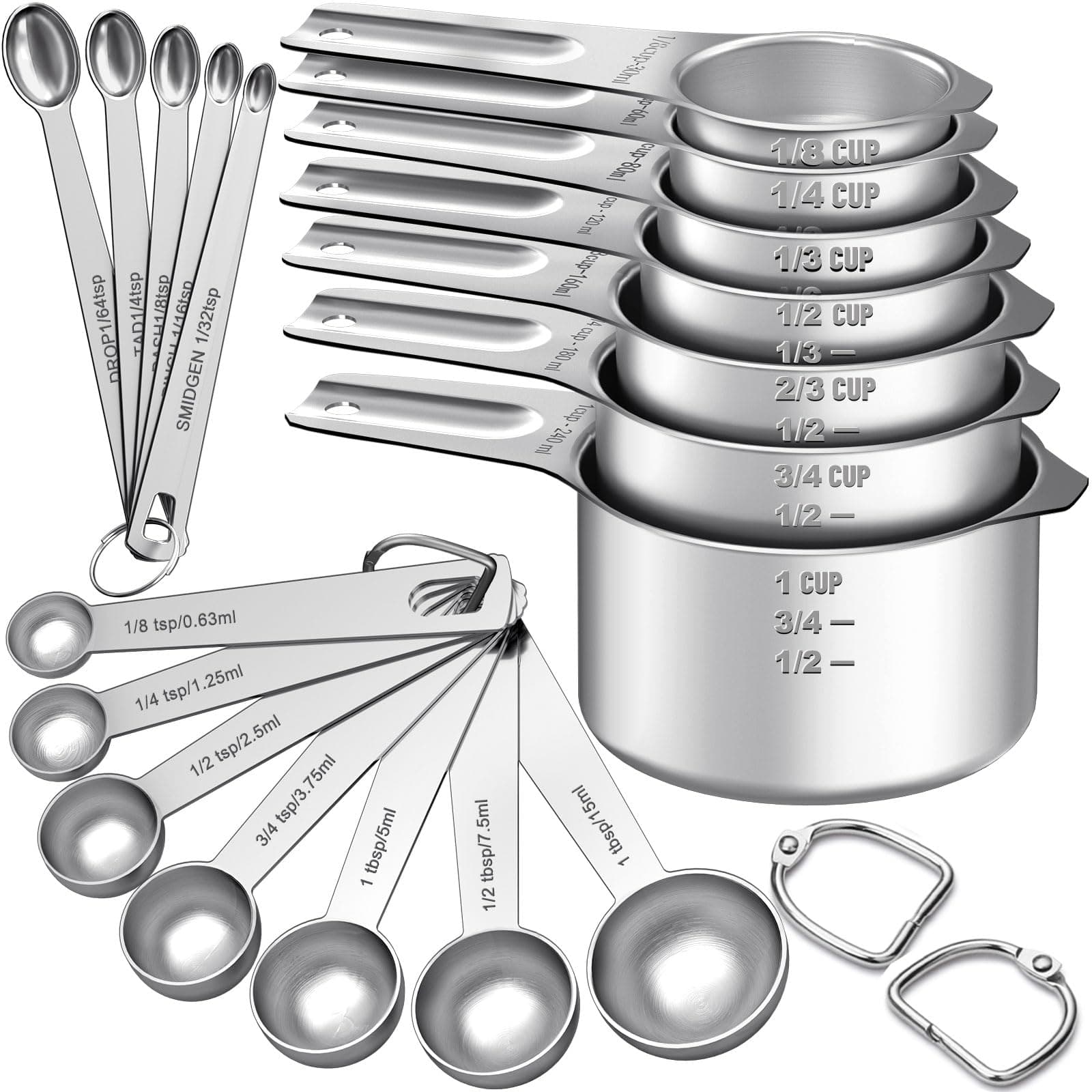 EWFEN Measuring Cups and Spoons Set, 7 Stainless Steel Nesting Measuring Cups & 7 Spoons, 5 Mini Measuring Spoons & 2 Detachable Rings, Kitchen Gadgets for Cooking & Baking, Set of 21