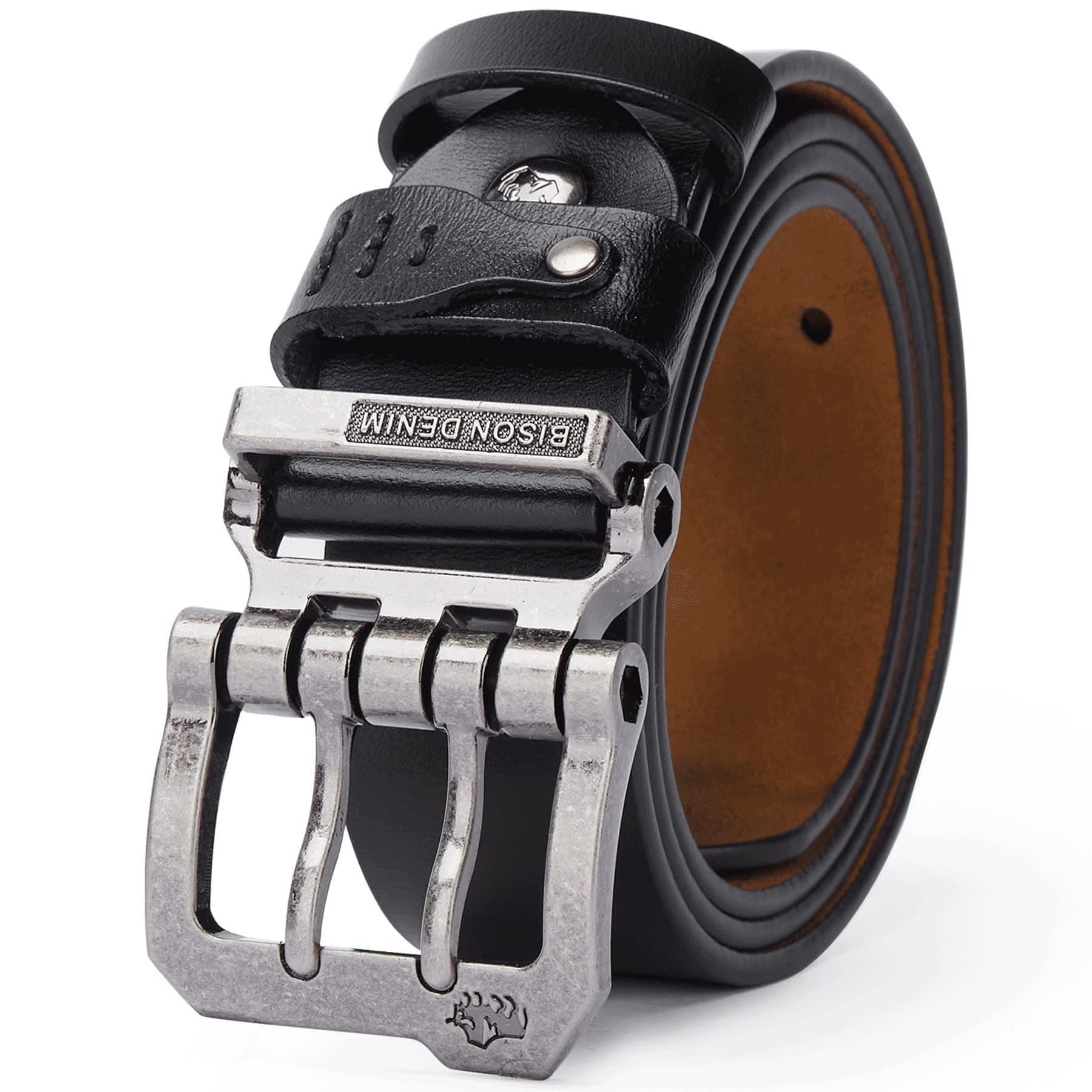 BISON DENIM Men's Belts Leather Dress Genuine Leather Classic Heavy Duty Buckle Belt Casual for Jeans