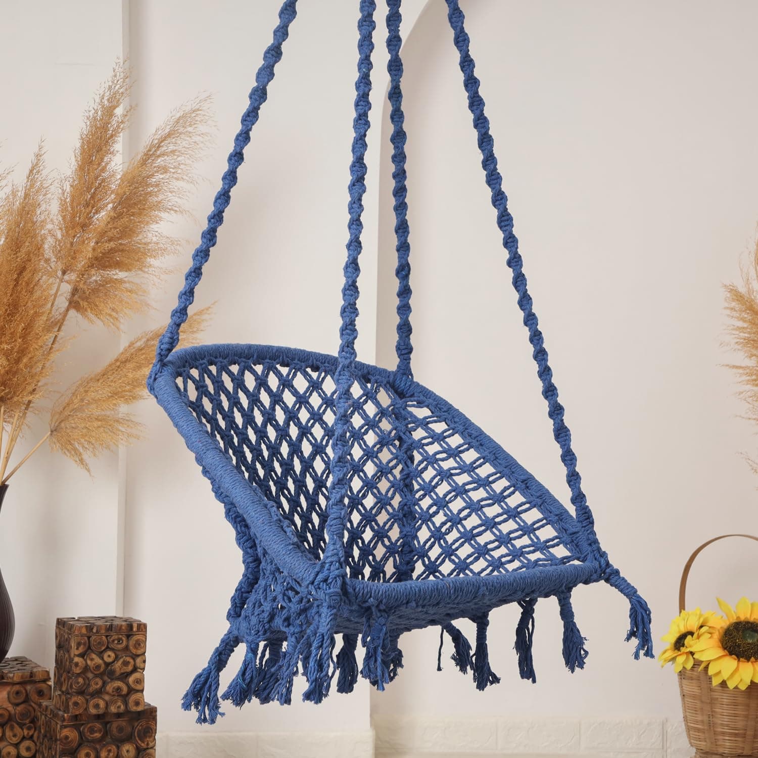 JULJULIA C-Shape Hammock Swing Hanging Chair uyyala jula for Adult Kids Indoor Outdoor Balcony Sturdy Cotton Indoor/Outdoor Jula for Balcony, Weave Max 200 kgs - Blue (Pack of 1)