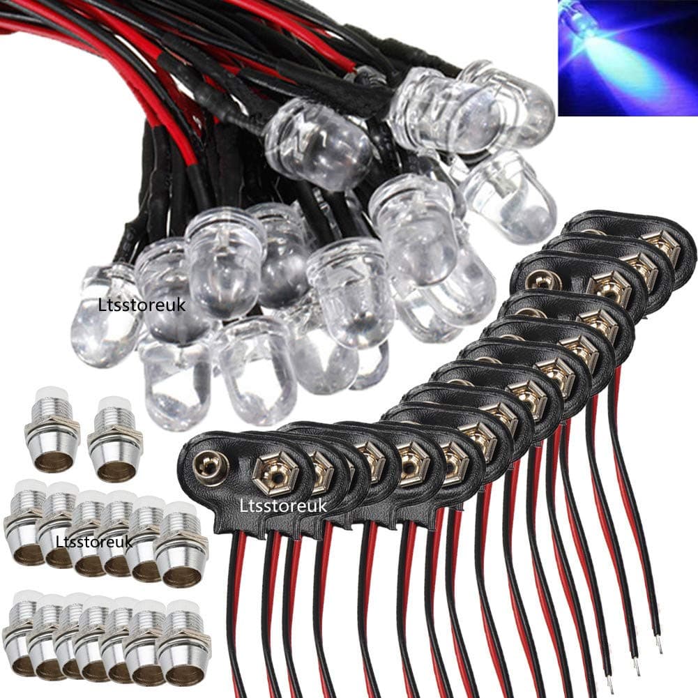 Prewired LED Diodes 5MM 12V Blue 7.87 Inch Pre Wired Emitting Diode + Copper 5MM Light Emitting Diode LED Holder Mount Panel + 9V Battery Holder Clip Cable, by Ltsstoreuk