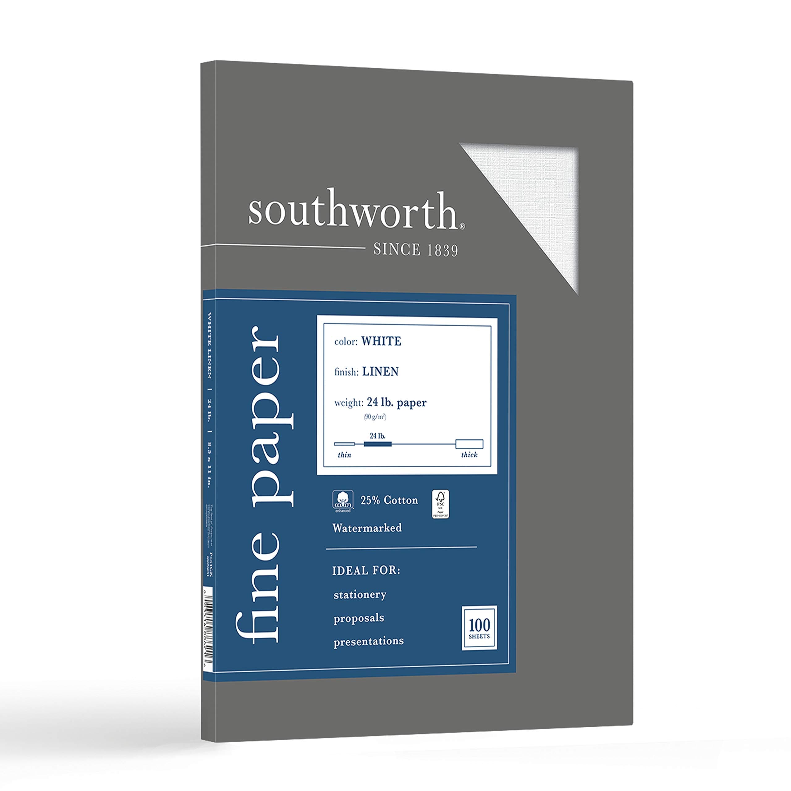 Southworth® 25% Cotton Linen Business Paper, White, Letter (8.5" x 11"), 100 Sheets Per Pack, 24 Lb, 94 Brightness