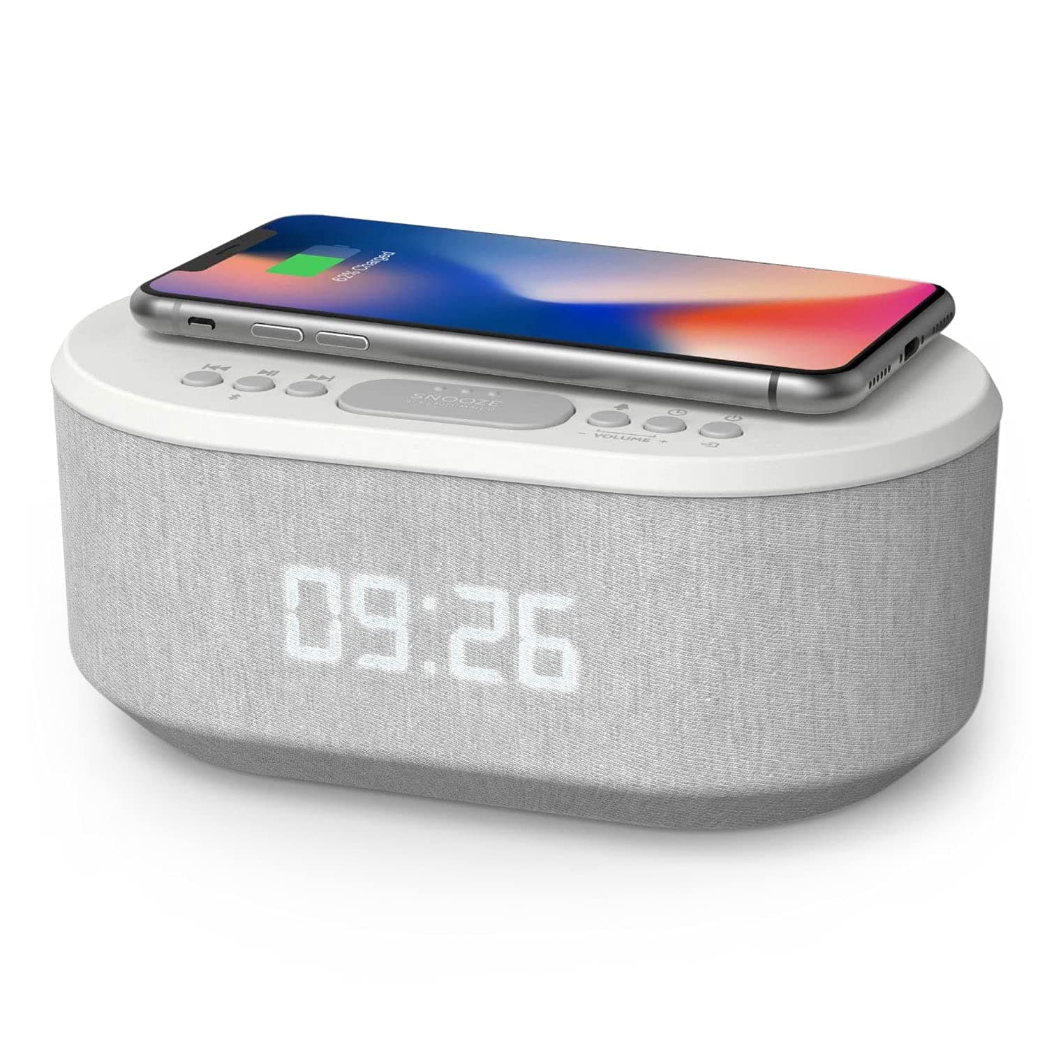 Bedside Wireless Charging Radio Alarm Clock with Dimmable LED Display - Non Ticking Mains Powered Dual Alarm Clock with USB Charger and Bluetooth Speaker