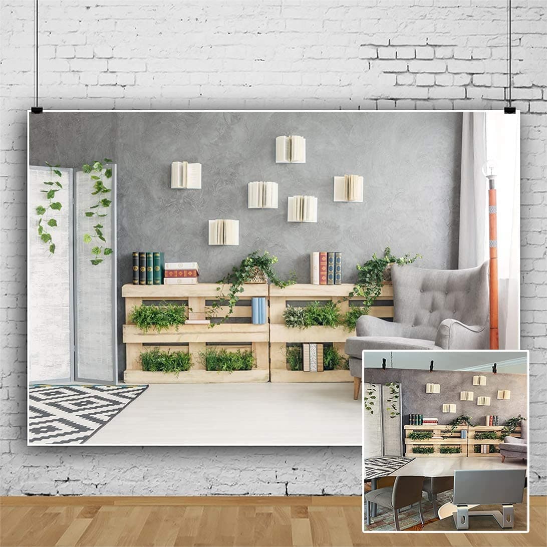 YongFoto 7x5ft Interior Room Backdrop for Photography Wooden Bookshelf Green Plants Screen Armchair Grey Lounge Background Modern Home Banner Decor Live Video Portrait Photo Studio Props