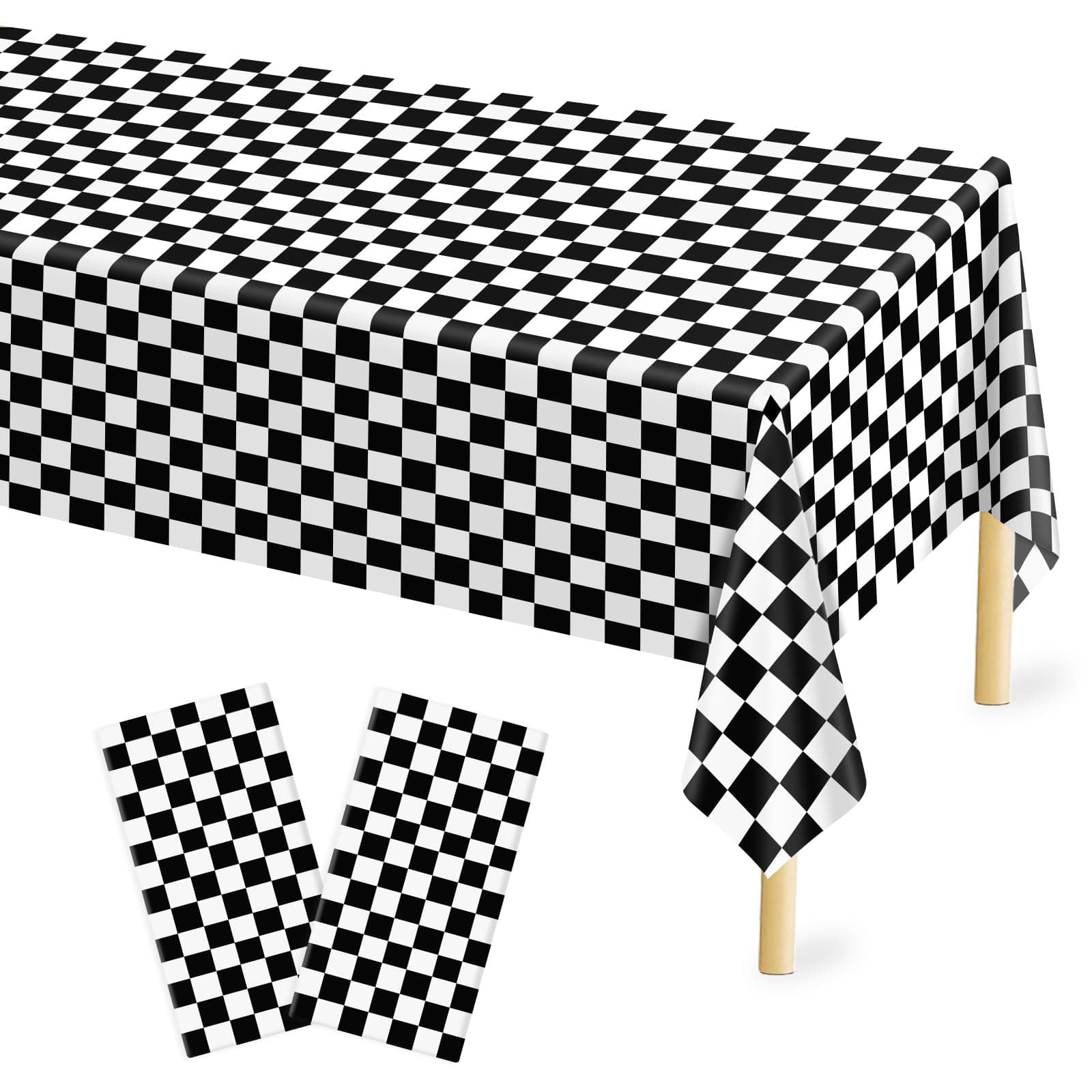 Mulbozy 2 Pcs Checkered Tablecloth Plastic for Birthday Decor, 54 × 108 inches Disposable Black and White Checkered Table Covers for Baby Shower, Race Car Birthday Party Decorations