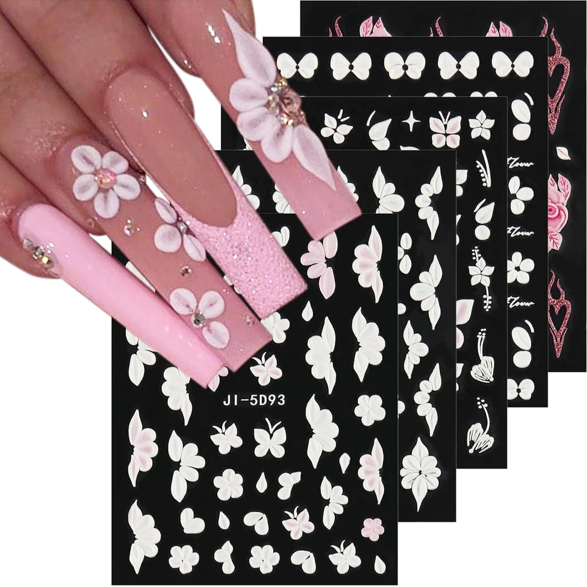 Fcozpjk 5D Embossed White Flowers Nail Stickers, 5 Sheets Self-Adhesive Floral Nail Decals, Spring Rose Butterfly Nail Art, 3D Acrylic Flowers for Manicure Decor