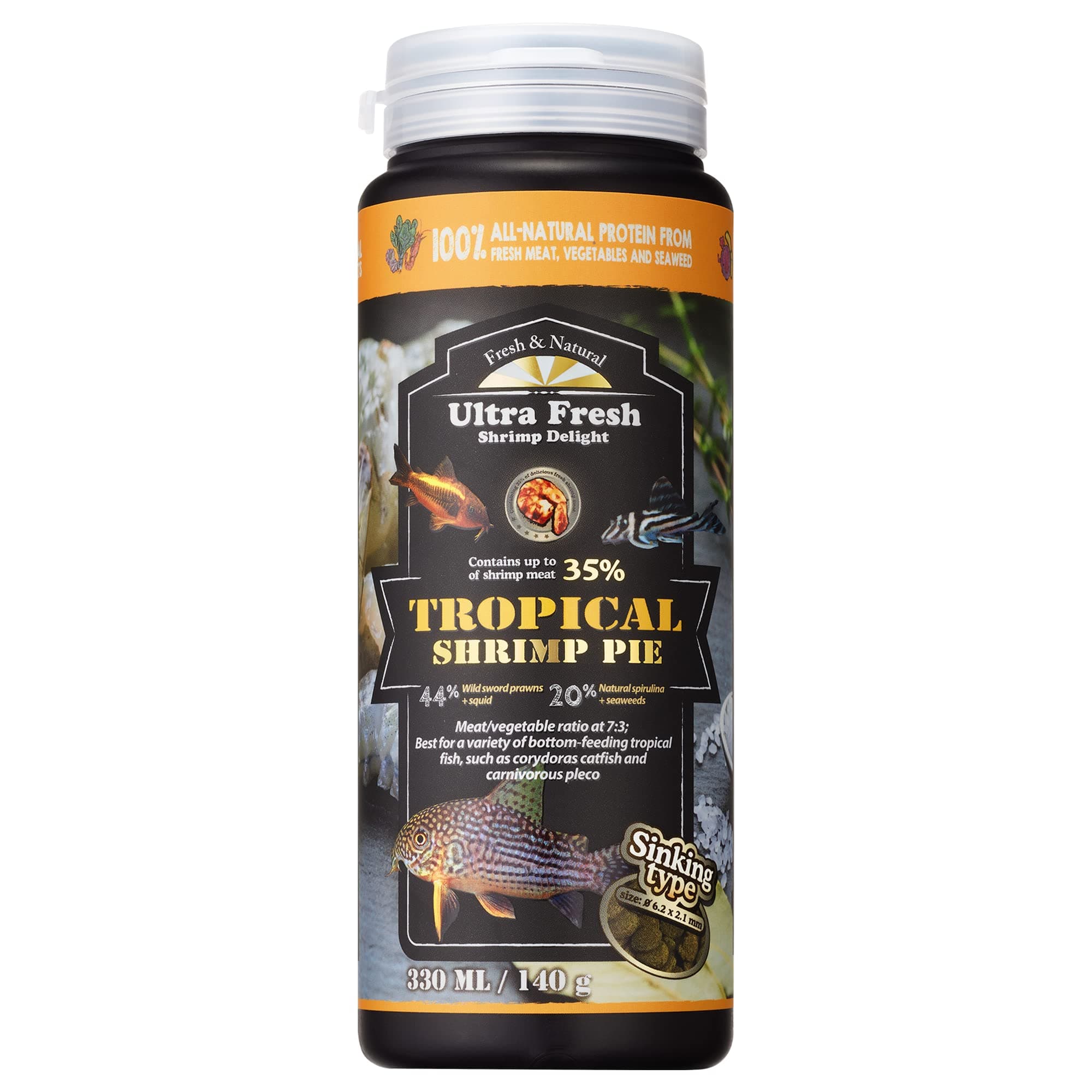 Ultra Fresh Bottom Feeder Fish Food, Sword Prawns, Natural Protein, Balanced Diet, for Catfish, Corydoras, Loaches, Tropical Shrimp Pie 140g