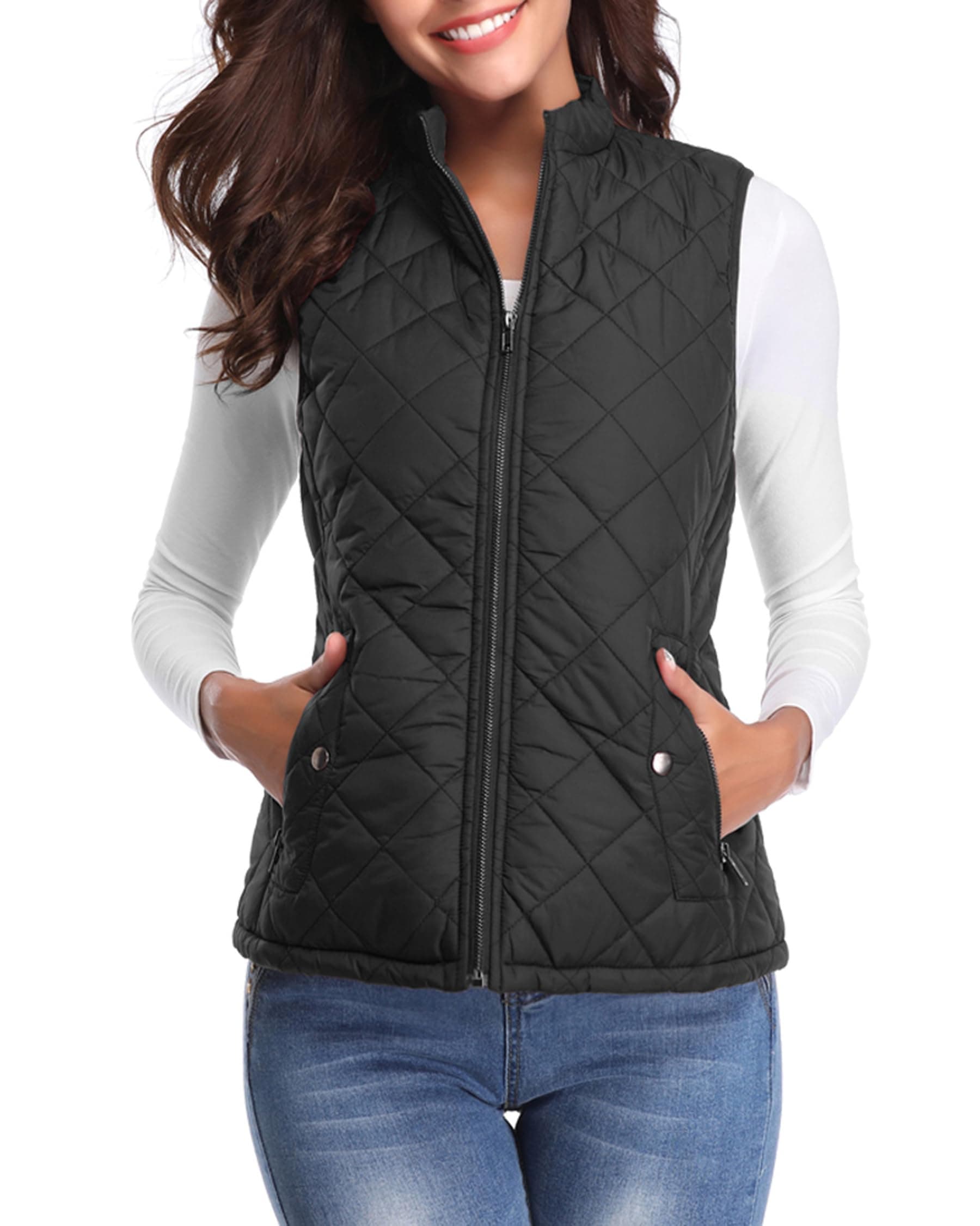 Women's Lightweight Warm Puffer Quilted Vest - 4-Pockets Stand Collar Zip Gilet, Fall Winter Outerwear