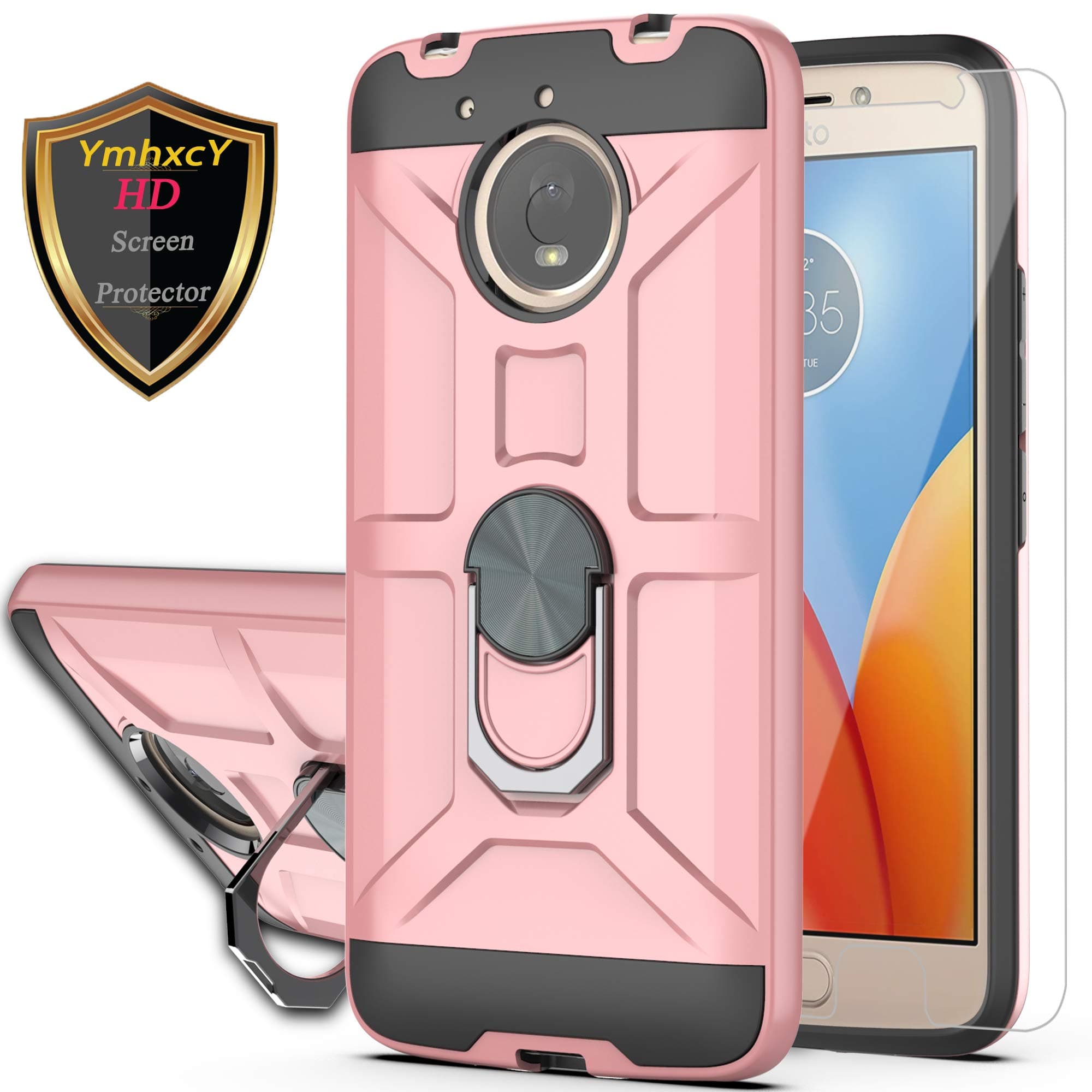 Moto E4 Plus Case (US Version) with HD Screen Protector YmhxcY 360 Degree Rotating Ring Kickstand Holder Dual Layers of Shockproof Phone Case for Motorola Moto E Plus 4th Generation-ZS Rose Gold