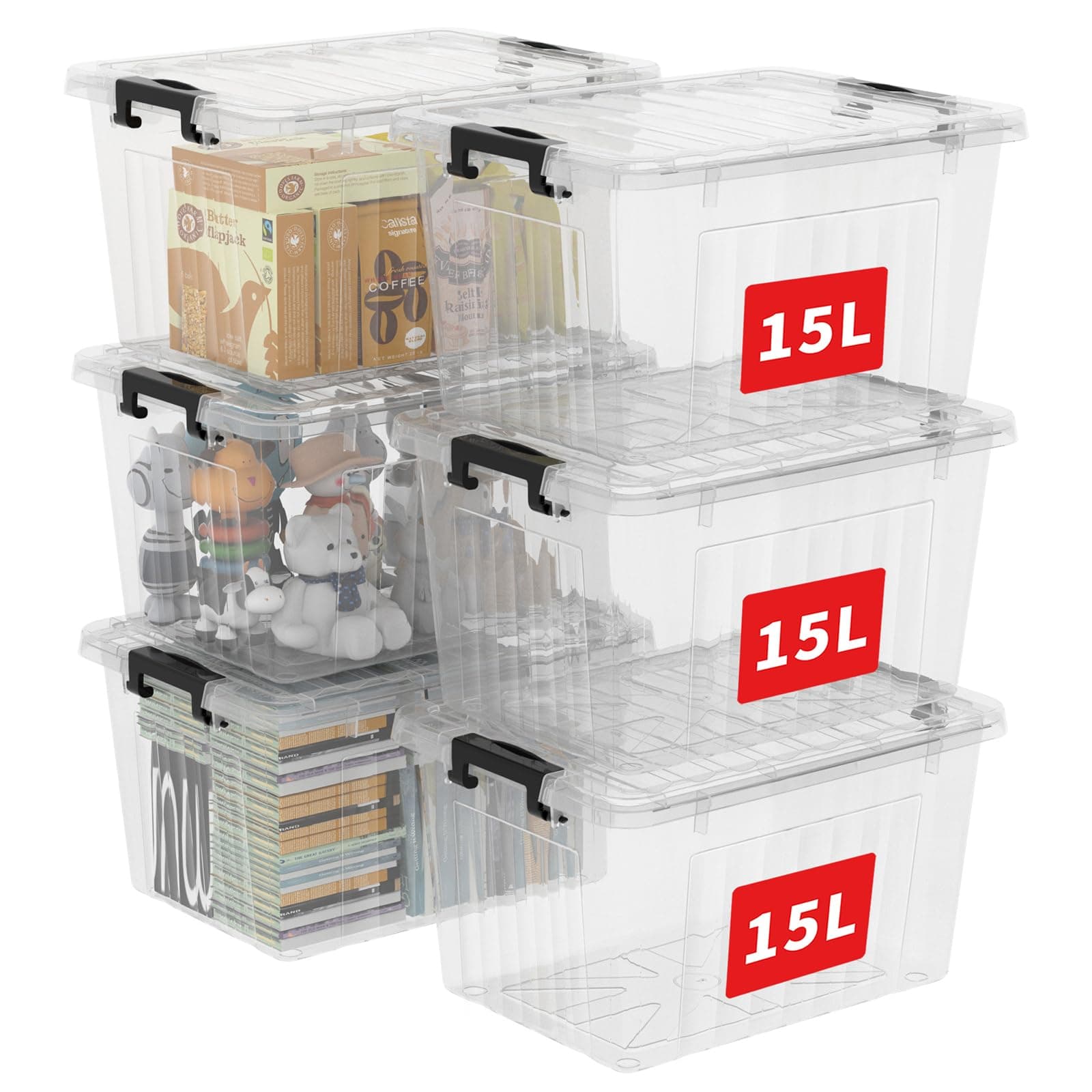 Cetomo 15L*6 Storage Boxes with Lids, Plastic Storage Box with Secure Side Latches, PP Nestable and Stackable Clear Organizer for Home, Office, Moving, Transparent, 15L-6 Pack