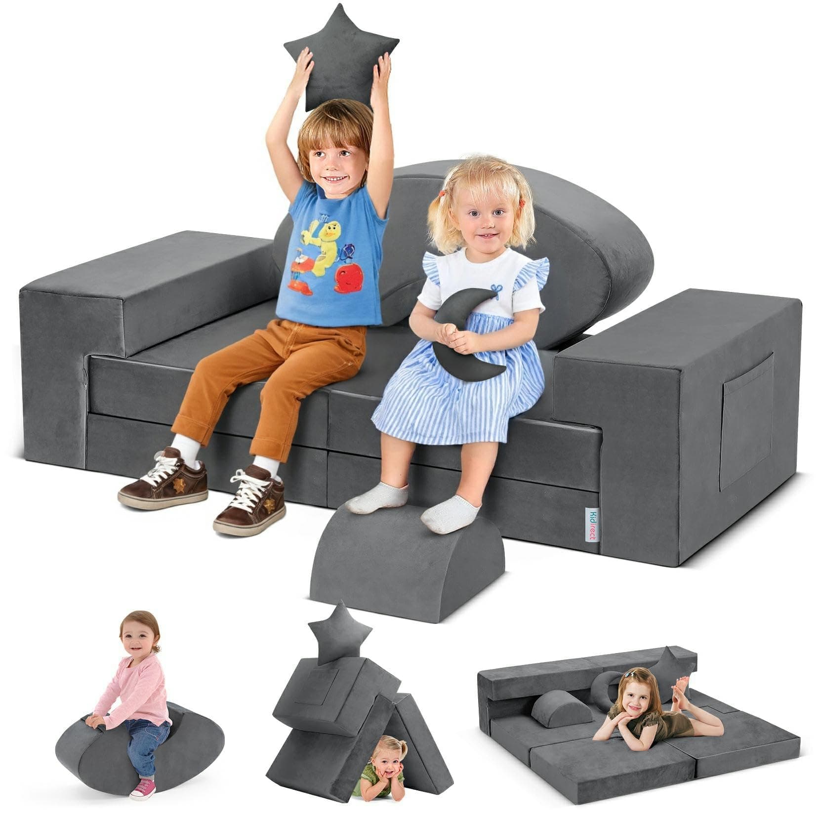 Kidirect Modular Kids Play Couch, Convertible Kids Foam Couch for Playroom & Bedroom, Versatile Toddler Couch Fold Out DIY Building Fort Floor Cushion, Creative Play Couch for Boys & Girls (Grey)