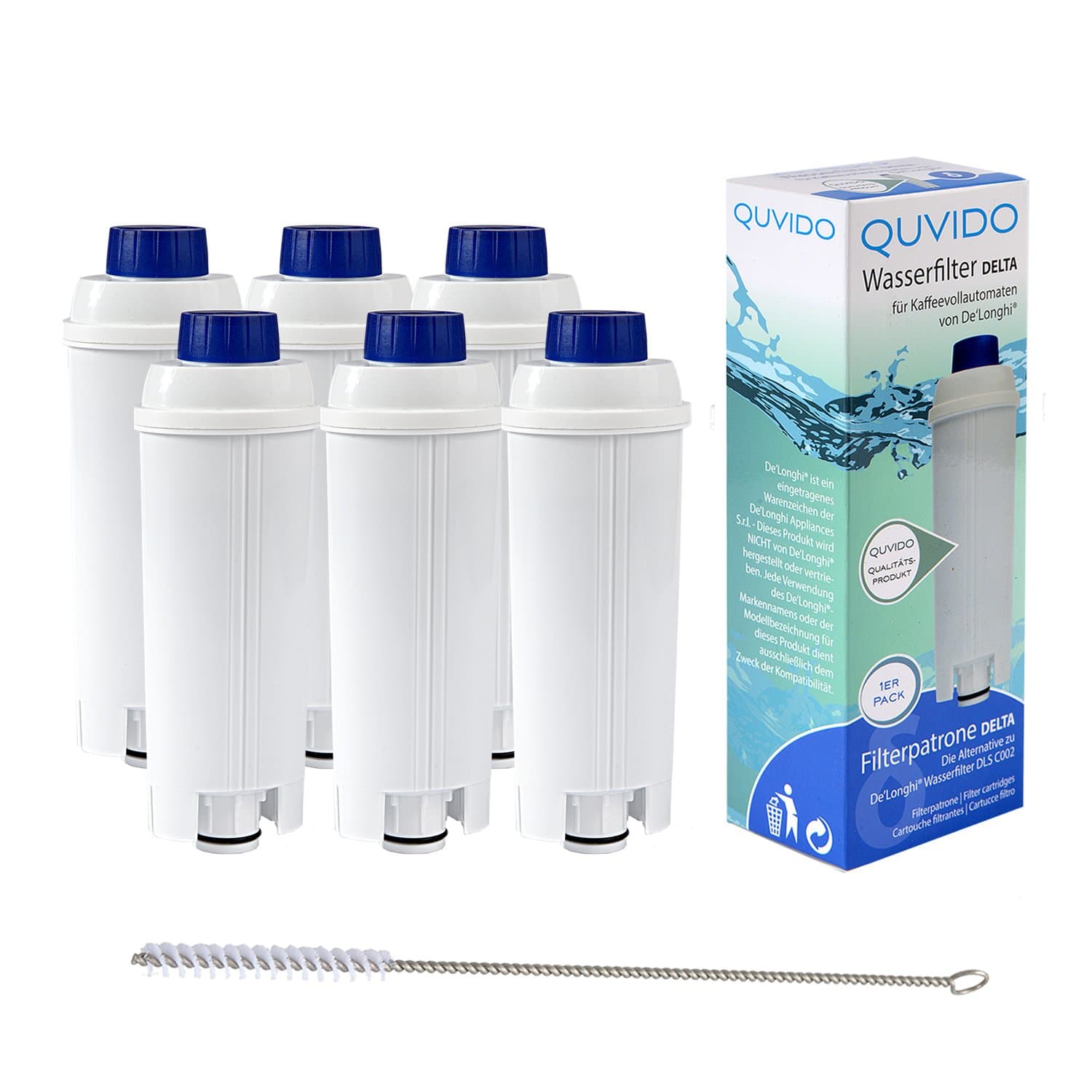 6 x QUVIDO Delta QUVIDO Water Filter for Delonghi Coffee Machine + Cleaning Brush