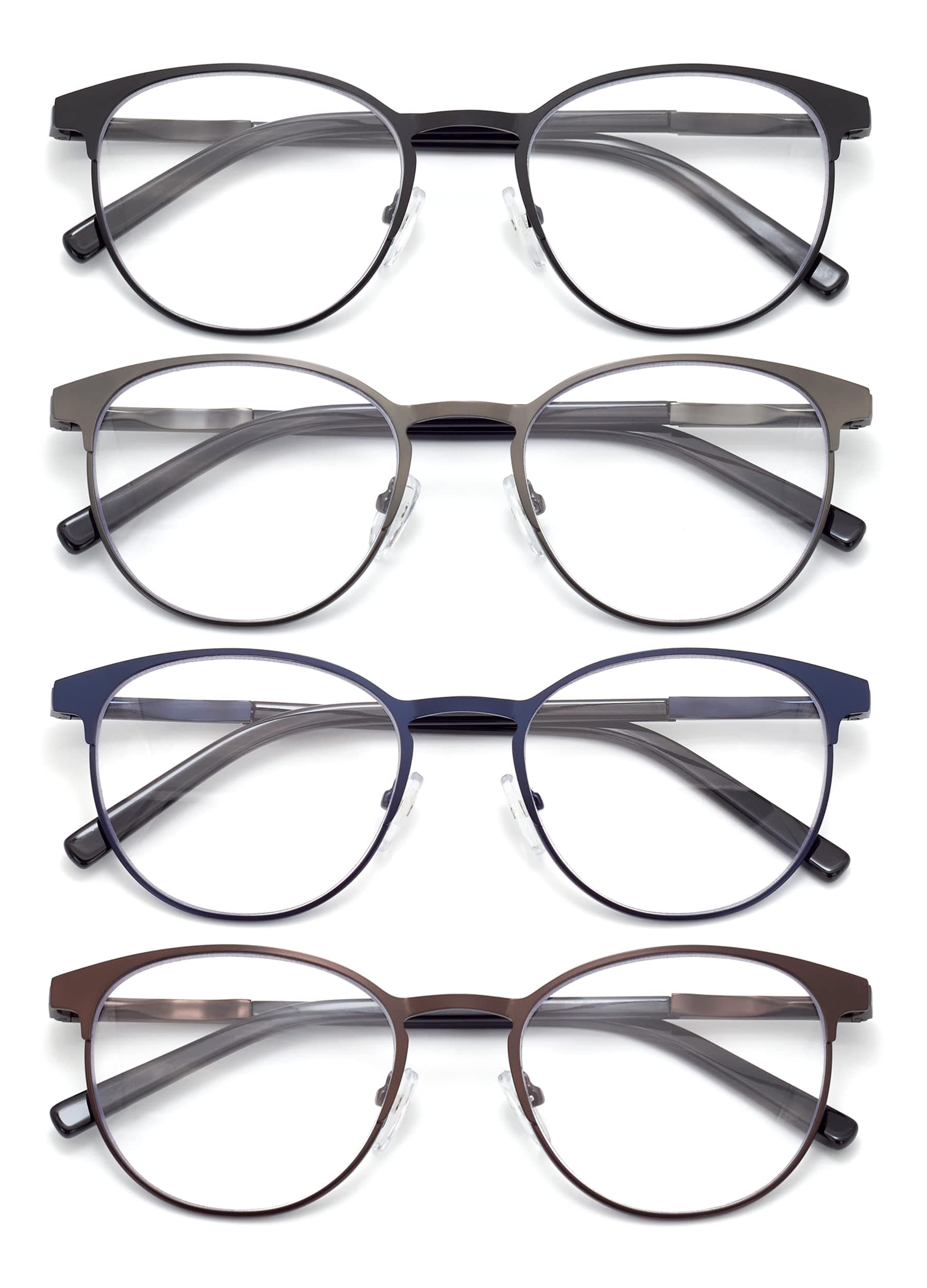 HIGHLIKE 4-Pack Round Metal Frame Blue Light Blocking Reading Glasses for Women Men, Spring Hinge Readers Anti Eye Strain