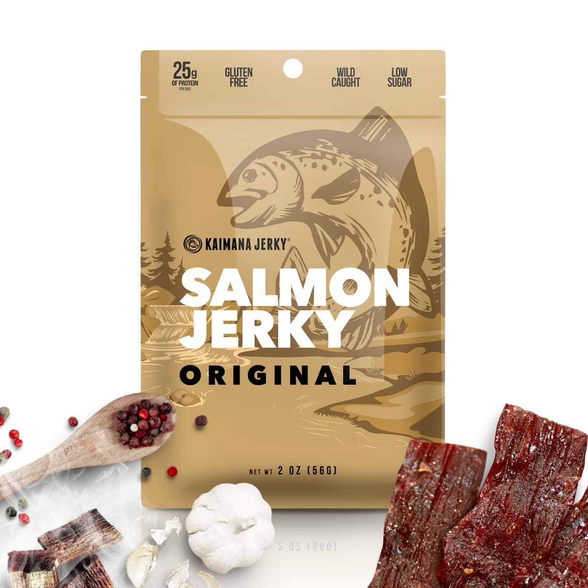 Kaimana Jerky Wild Caught Salmon Jerky - Organic Gourmet Smoked Dried Fish Strips Rich in Omega-3 & Protein - Low-Calorie Snack with No Gluten, Less Sodium & Sugar - Original Flavor - 2oz Pack